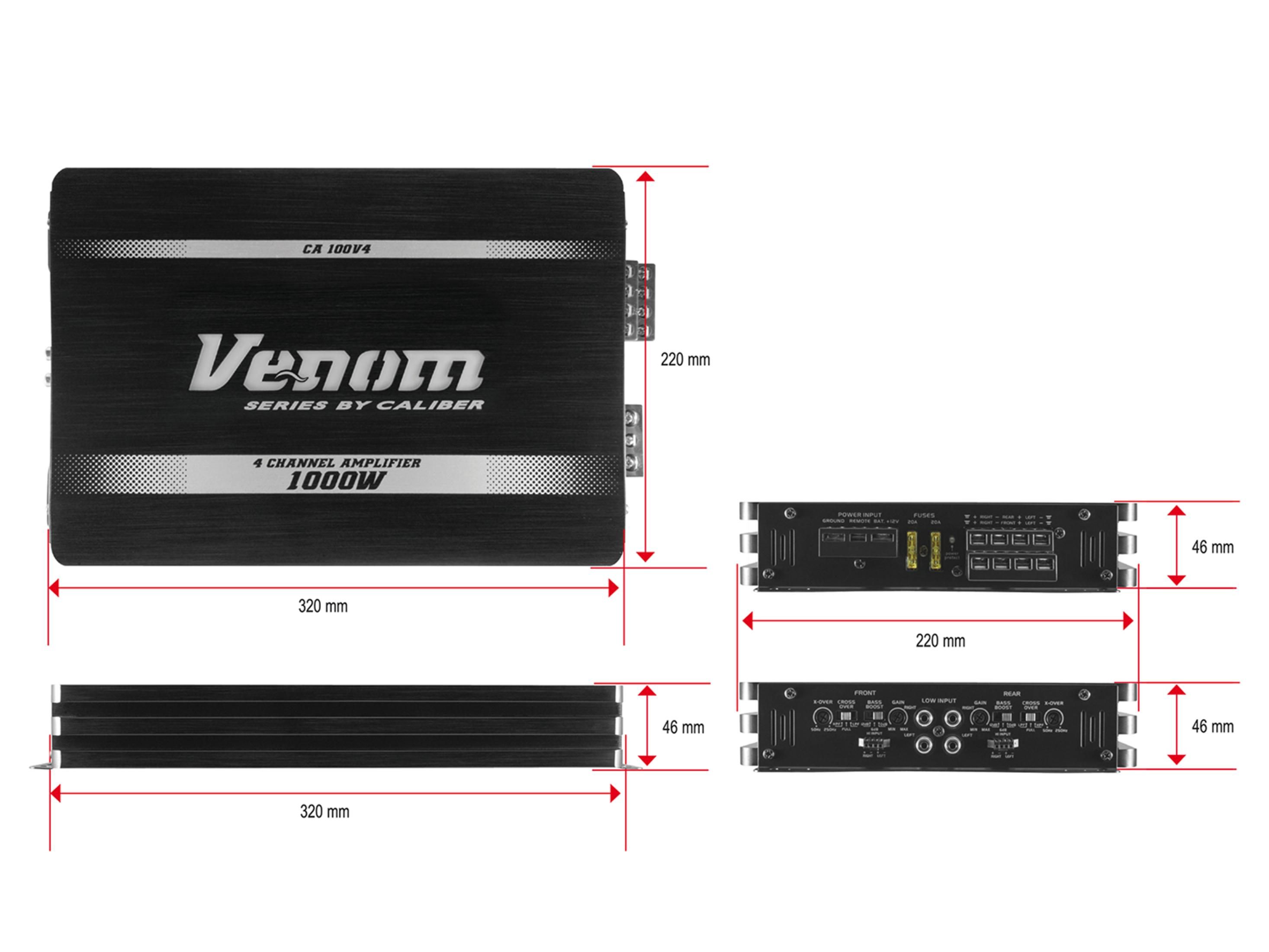 Schwarzer 4-Kanal-Verstärker mit Venom-Logo, Maße 320x220x46mm.