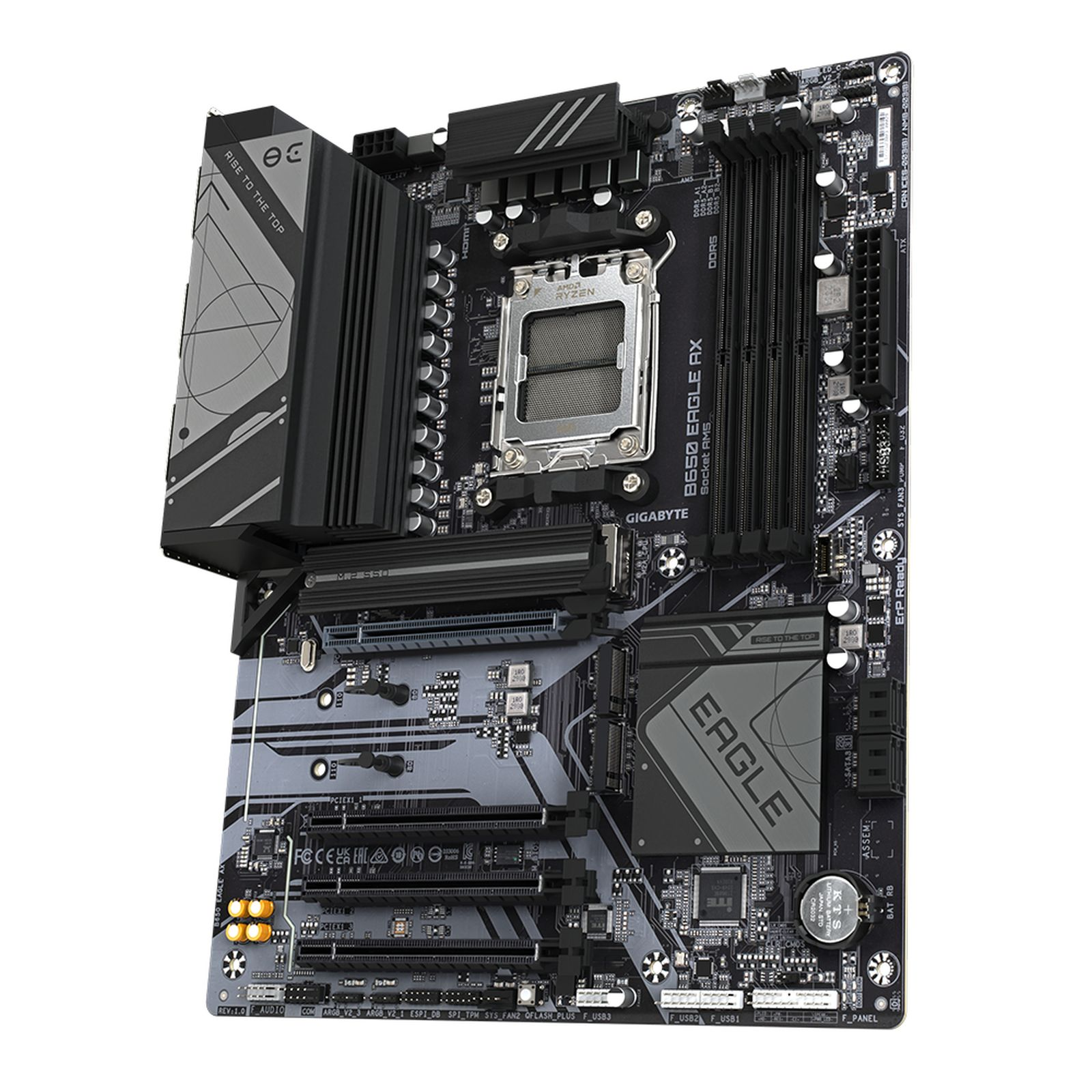 Czarna płyta główna z srebrnymi akcentami i logo AMD Ryzen.