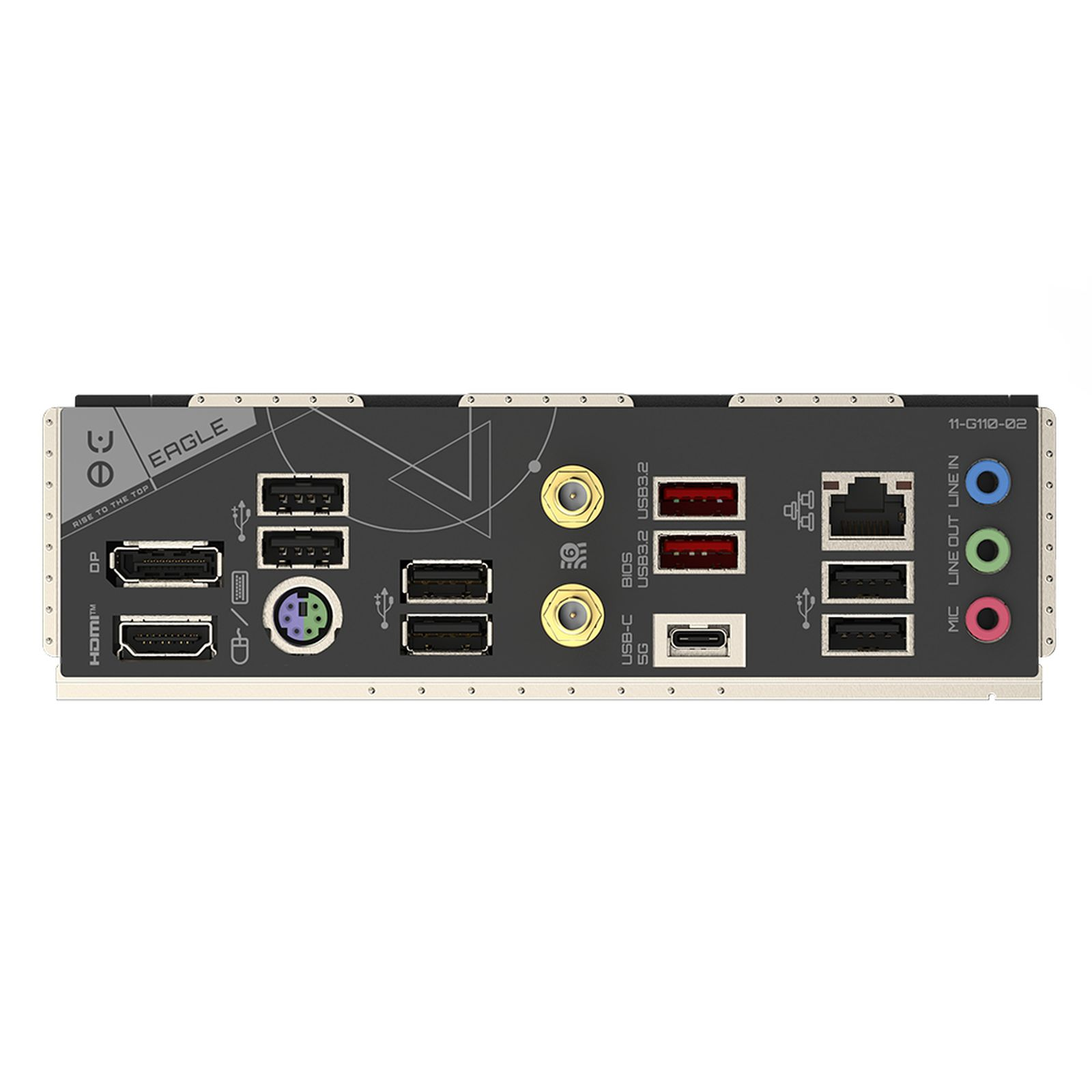 Tylny panel płyty głównej z portami HDMI, DP, USB, LAN i audio.