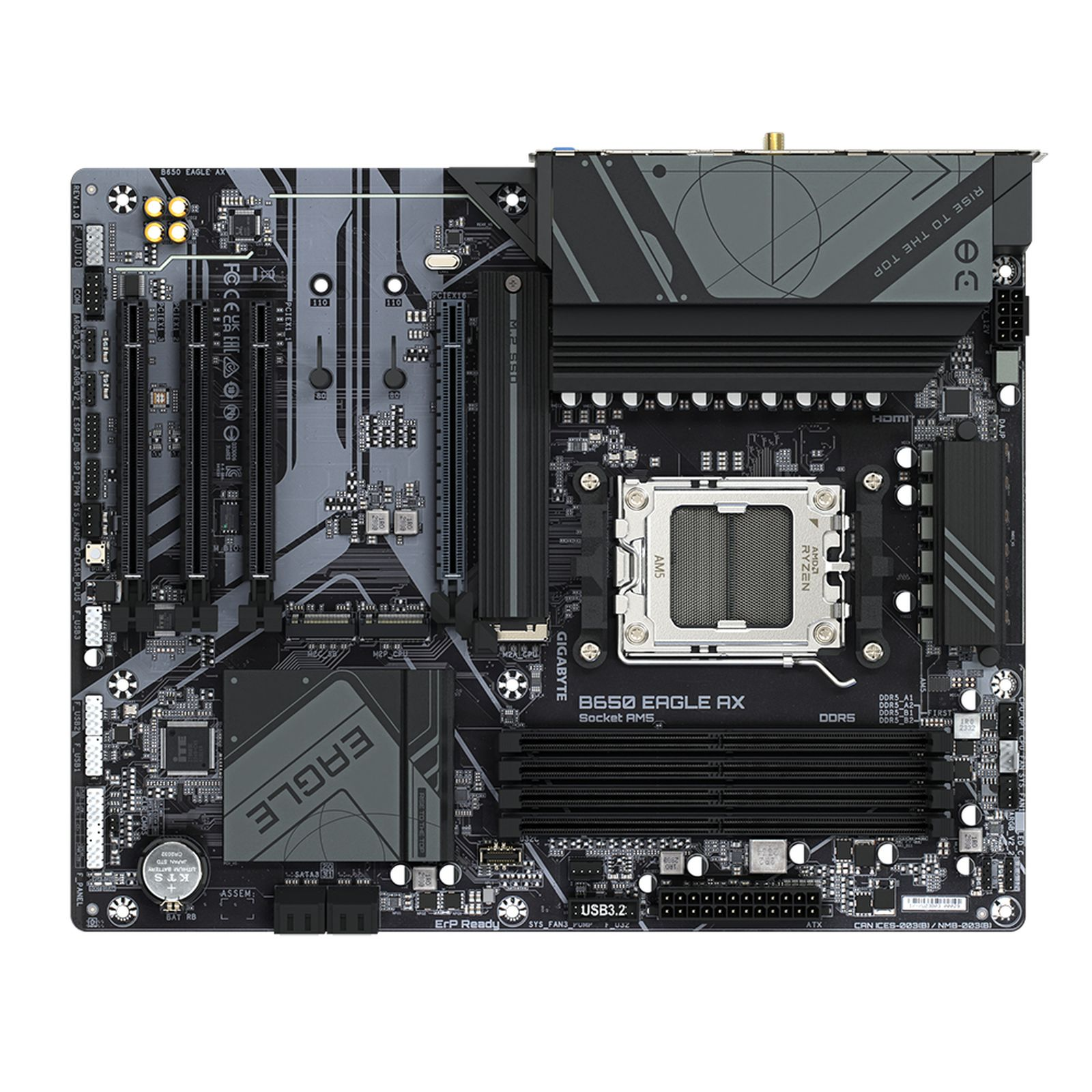 Czarna płyta główna Gigabyte B650 EAGLE AX z gniazdem AM5 i srebrnymi radiatorami.