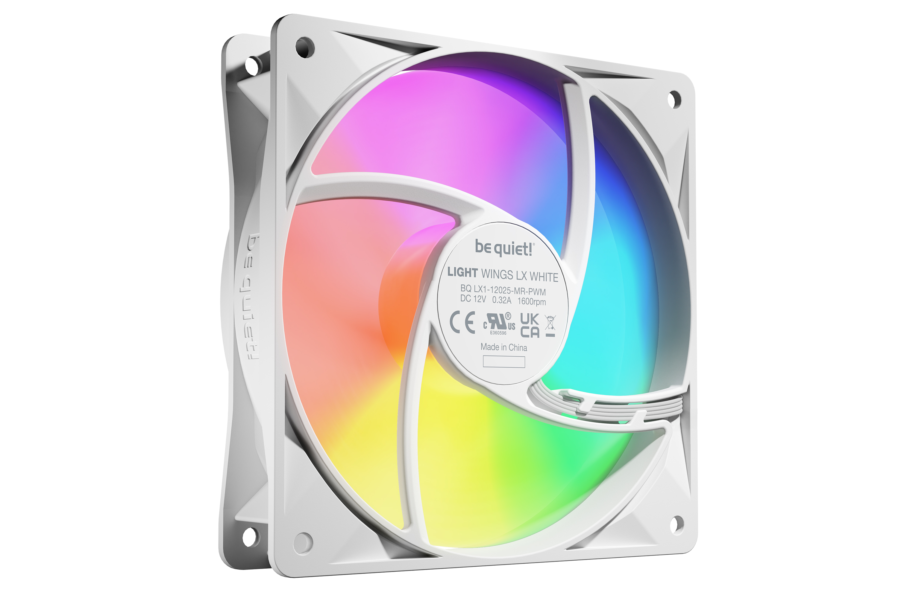 A white fan with colorful RGB LEDs and the 