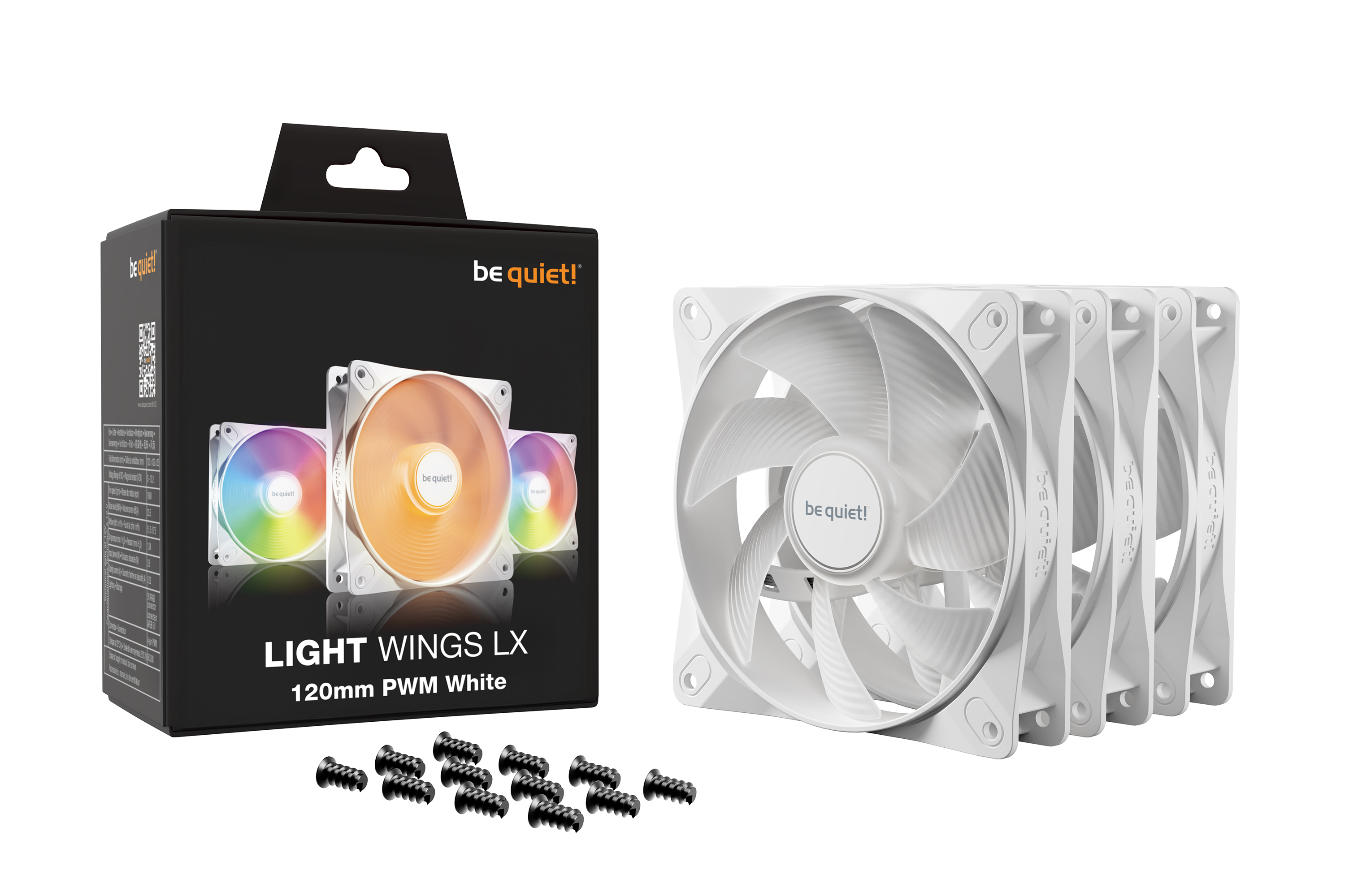 Box with three fans and screws, next to four white fans.