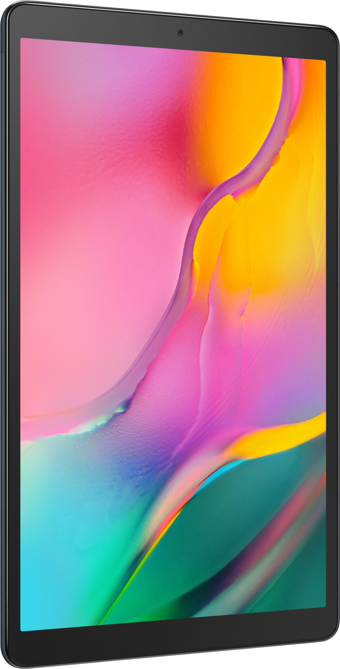 Una tableta negra con un fondo de pantalla abstracto y colorido rosa, naranja y verde.