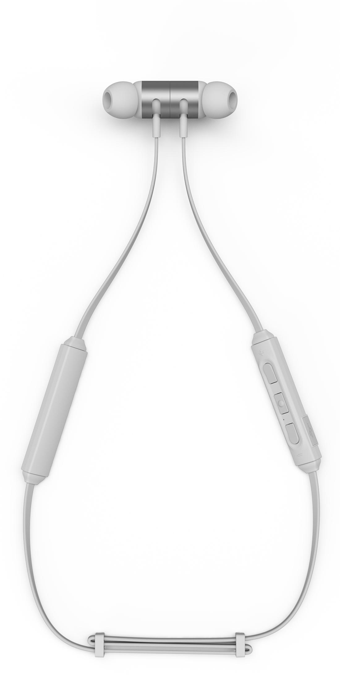 Auricolari bianchi con cavo e telecomando in linea su sfondo bianco.