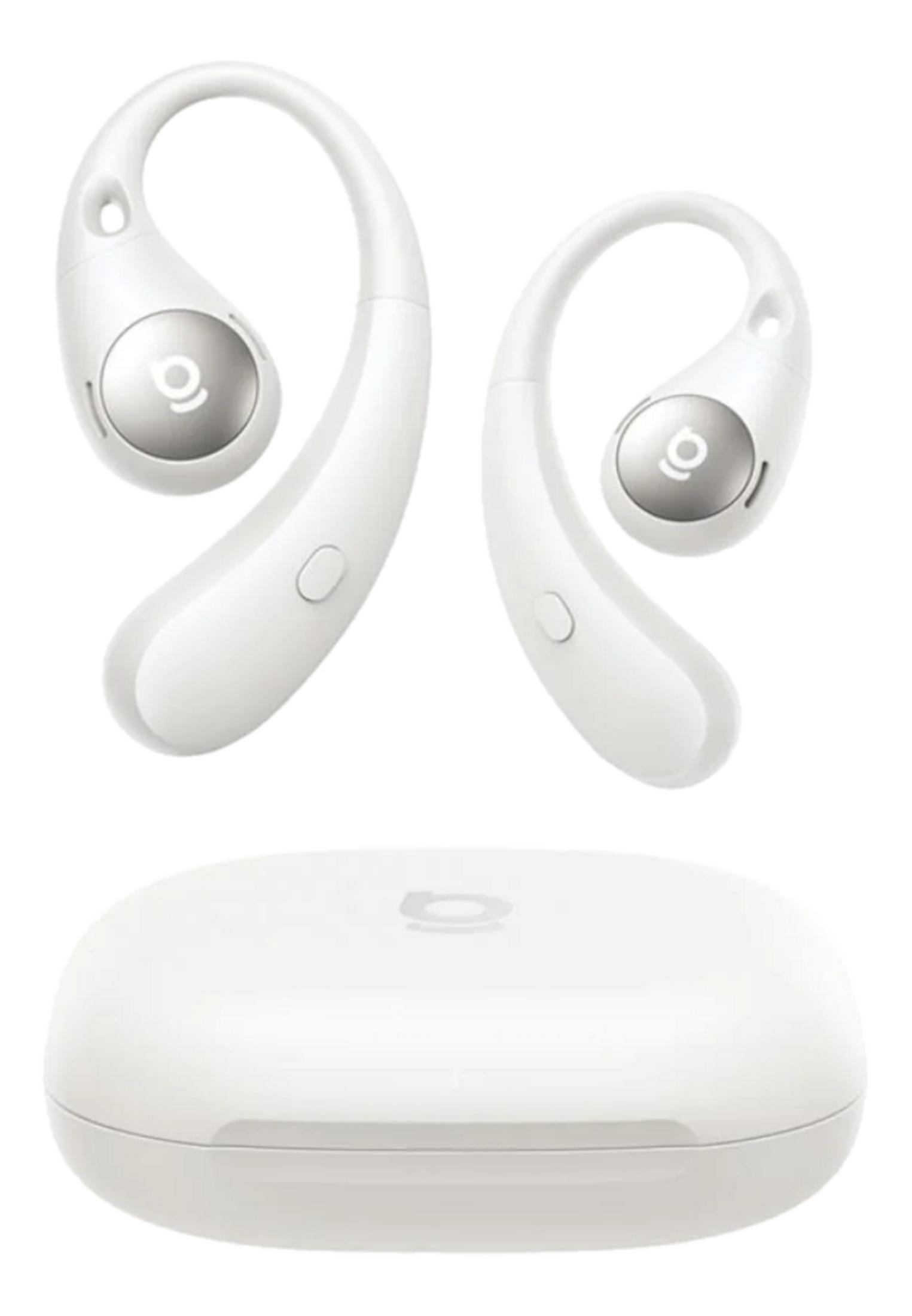 Auricolari bianchi con custodia di ricarica, ganci auricolari bianchi, accenti argentati.