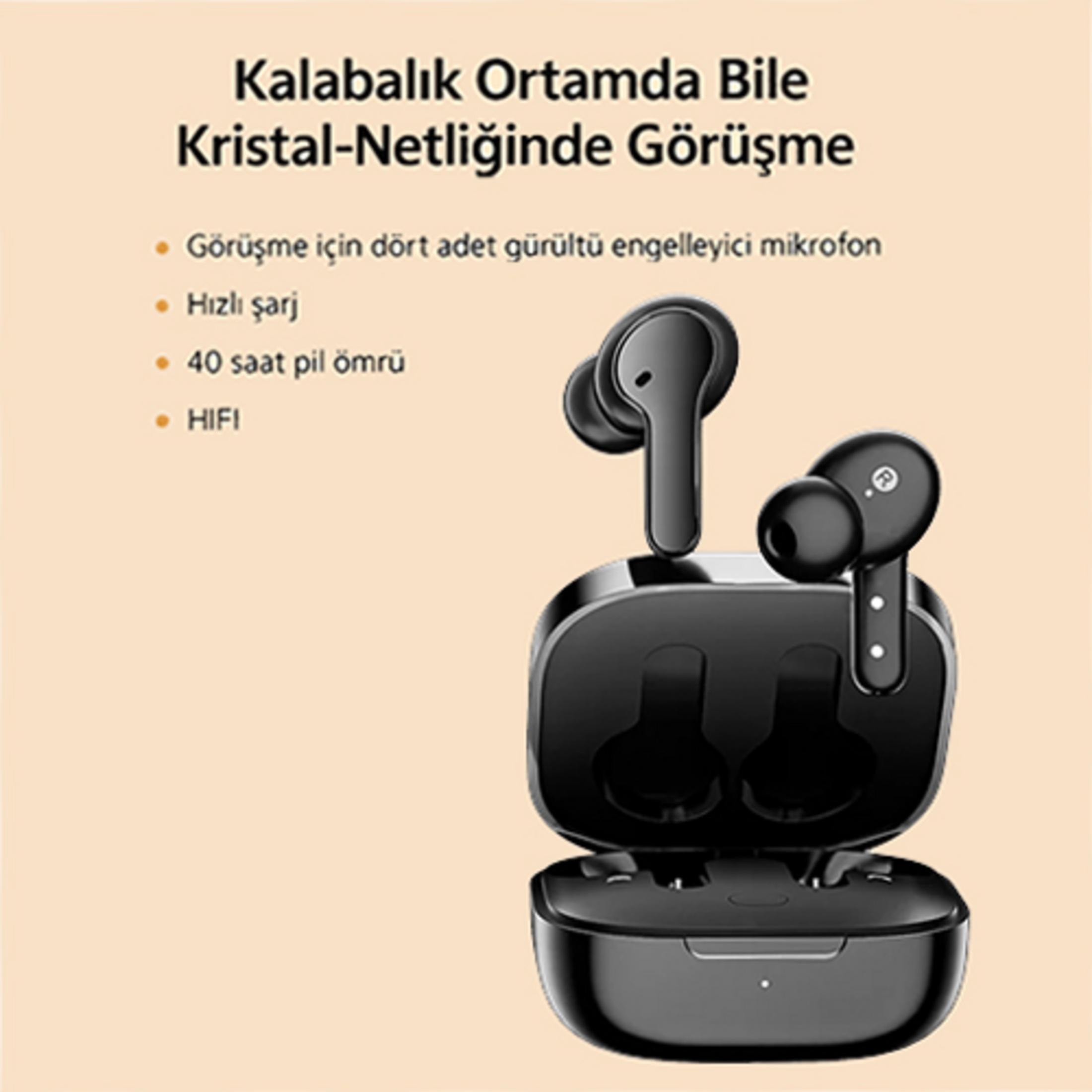 Auricolari wireless neri con custodia di ricarica, con testo sulle chiamate.