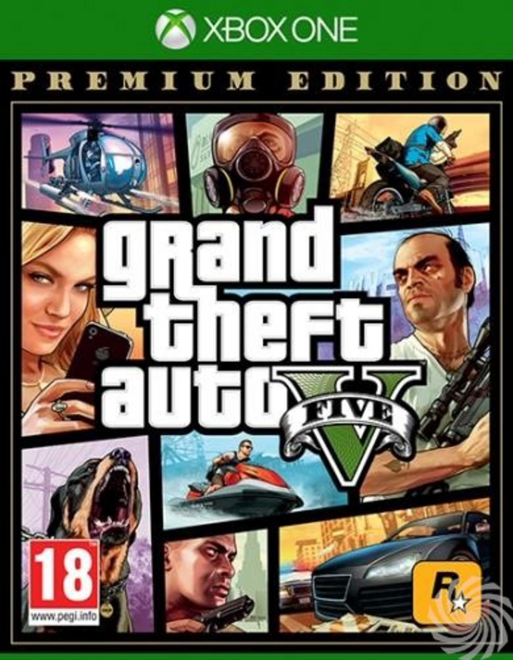 Grand Theft Auto V Premium Edition cover met helikopter, gasmasker, motor, vrouw, hond, jetski, man en auto.