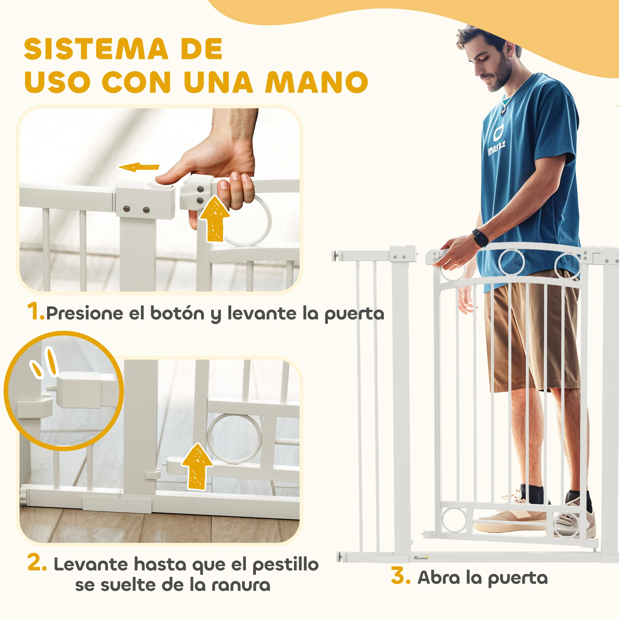 Instrucciones para abrir una barrera de bebé blanca con una mano. Un hombre abre la puerta.
