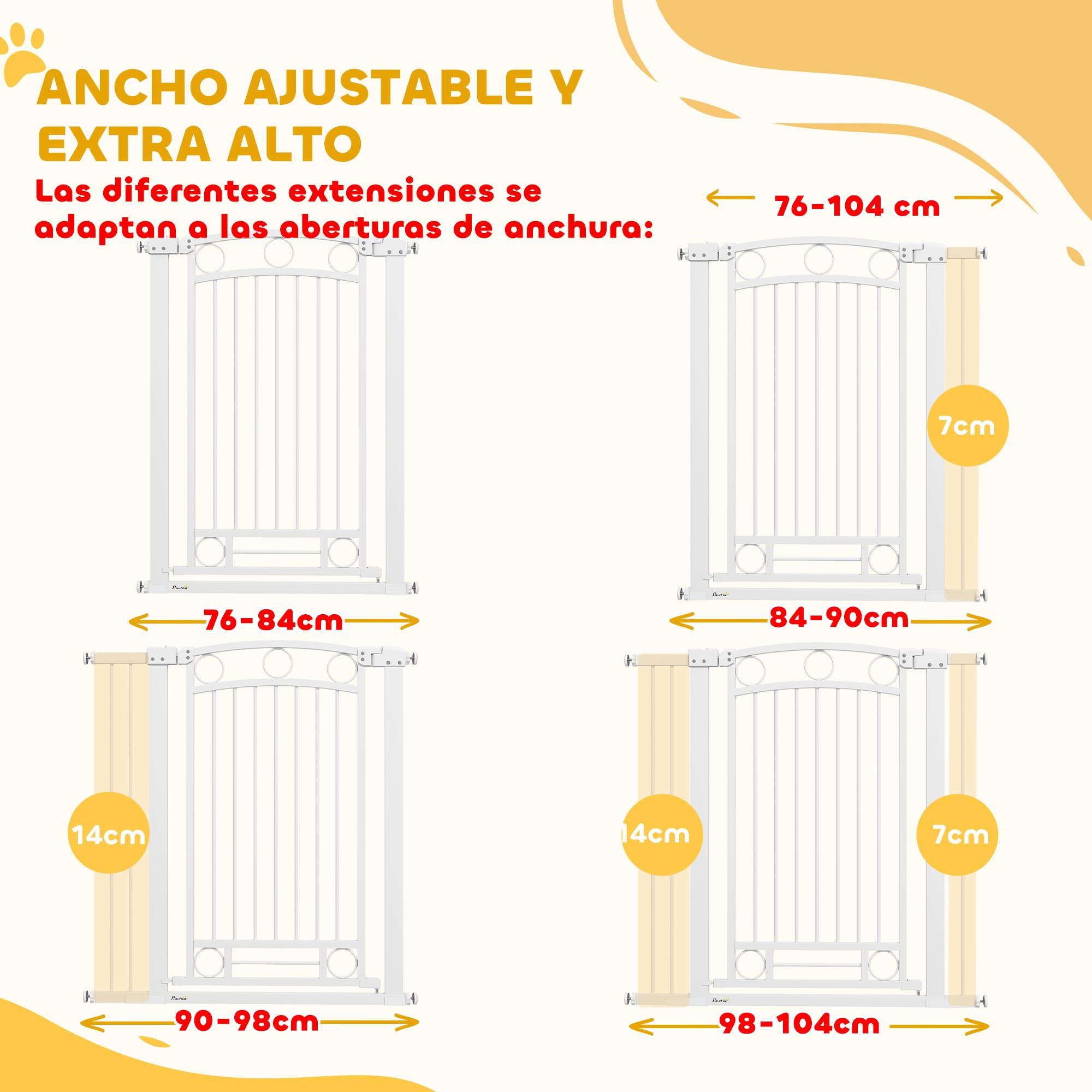 Puerta ajustable y extra alta con opciones de ancho de 76-104 cm.