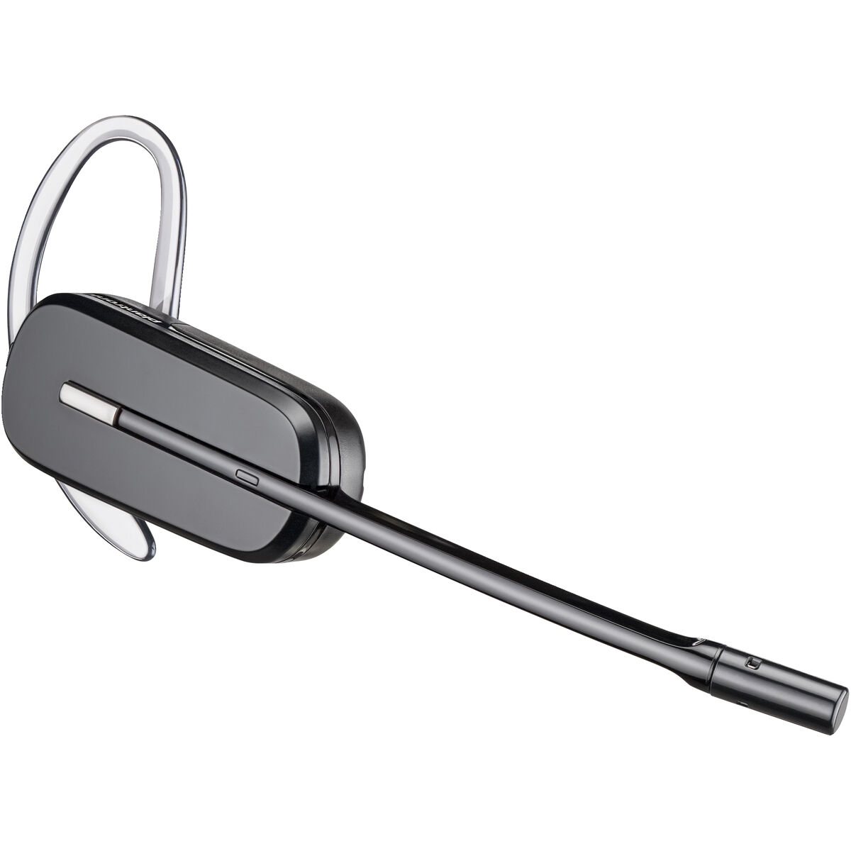 Un auricolare nero con gancio sopra l'orecchio e braccio microfonico.
