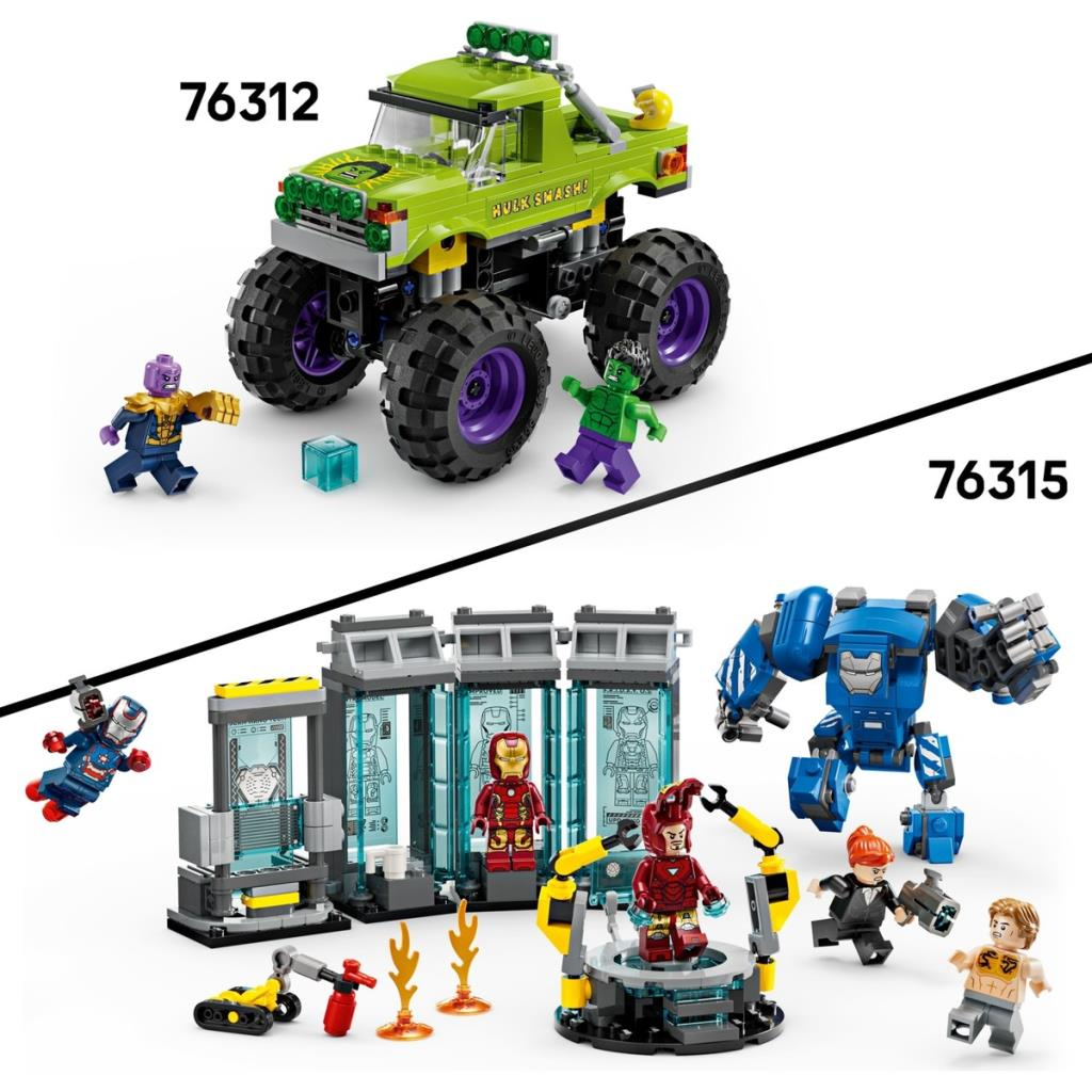 Hulk ve Thanos'lu yeşil canavar kamyon; takım elbiseli Iron Man atölyesi ve mavi mekanik.