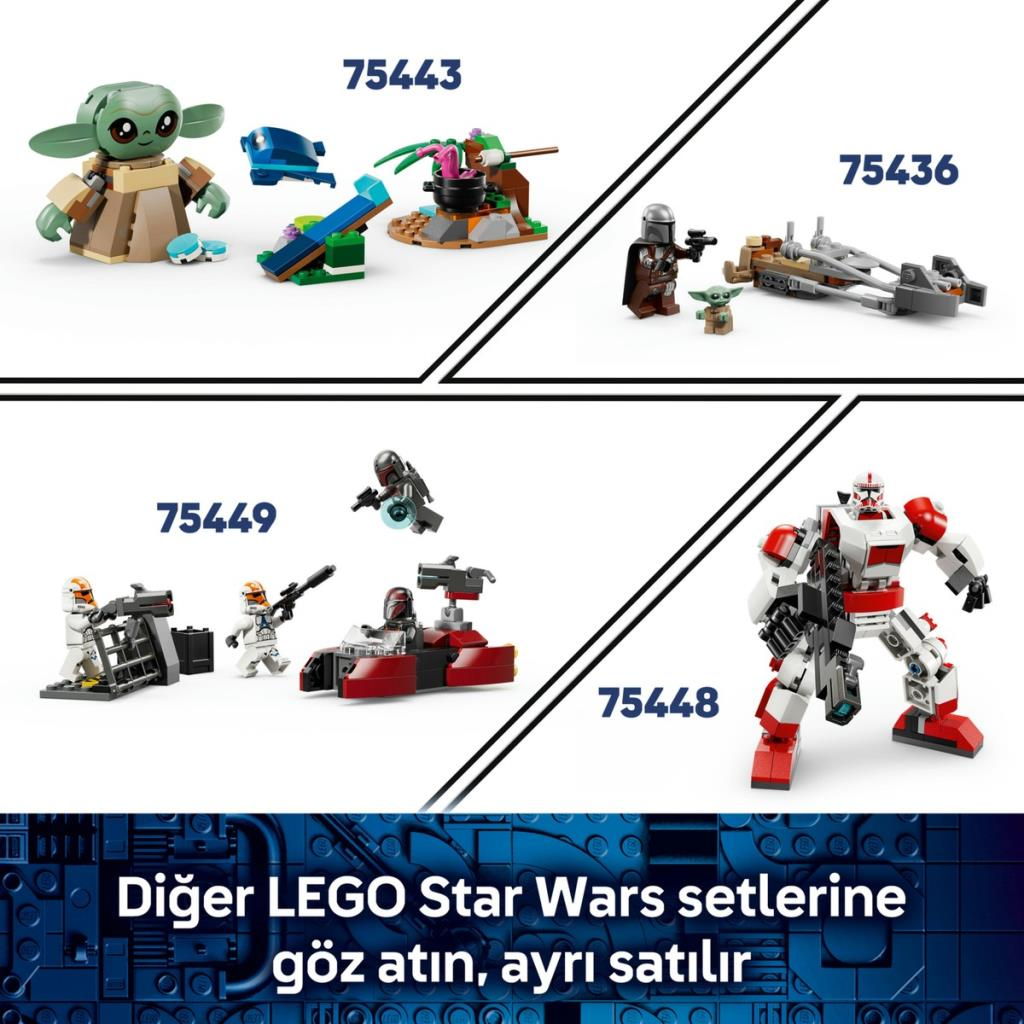 Üç Lego Star Wars seti: Grogu araçlarla, Mandalorian speeder ile ve klonlar araçla.