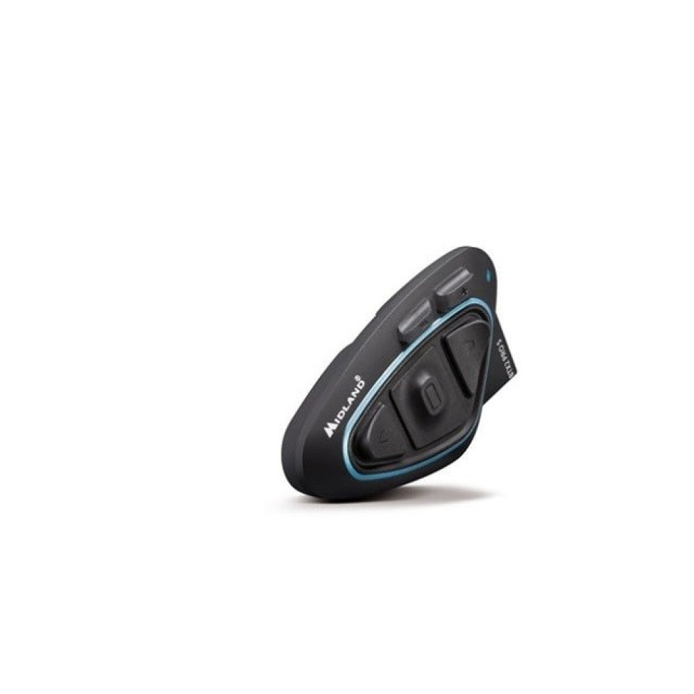 Auricolare Bluetooth Midland nero con accenti blu e tre pulsanti.