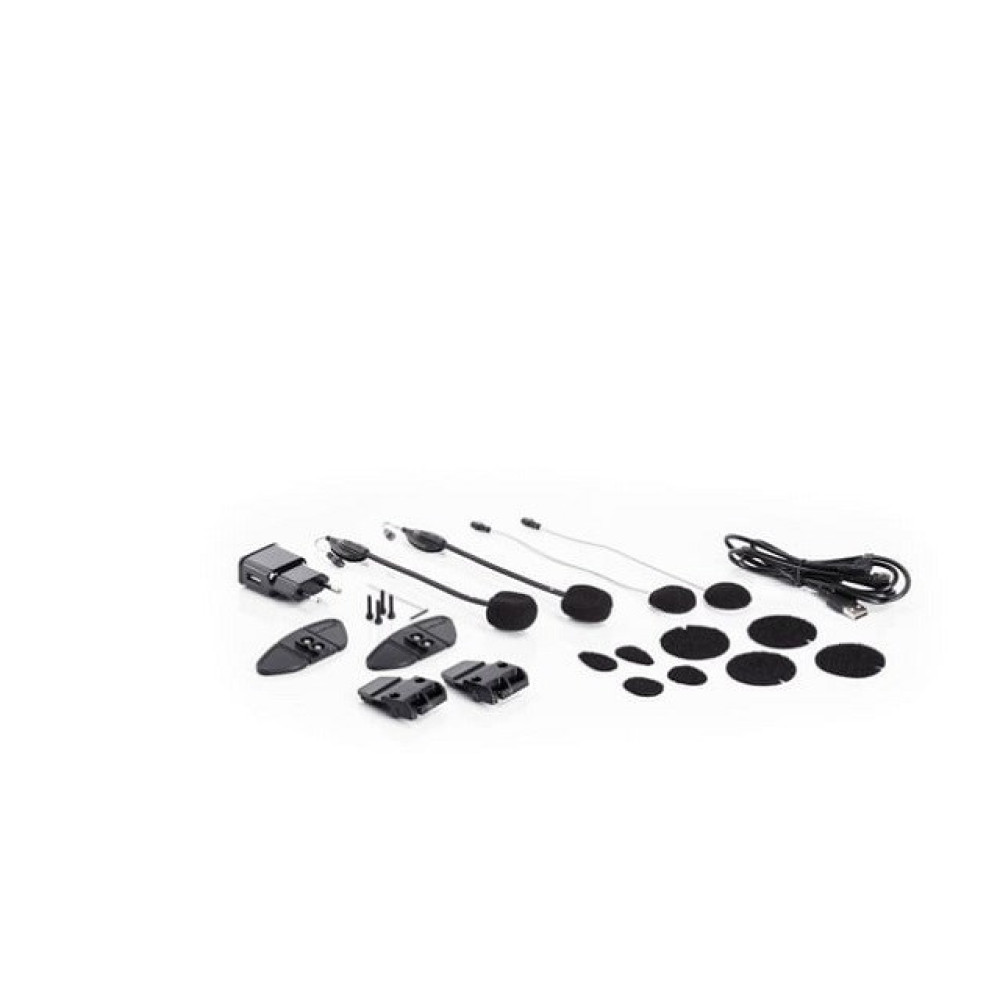 Accessori per auricolari moto con cavo di ricarica, microfoni e cuscinetti.