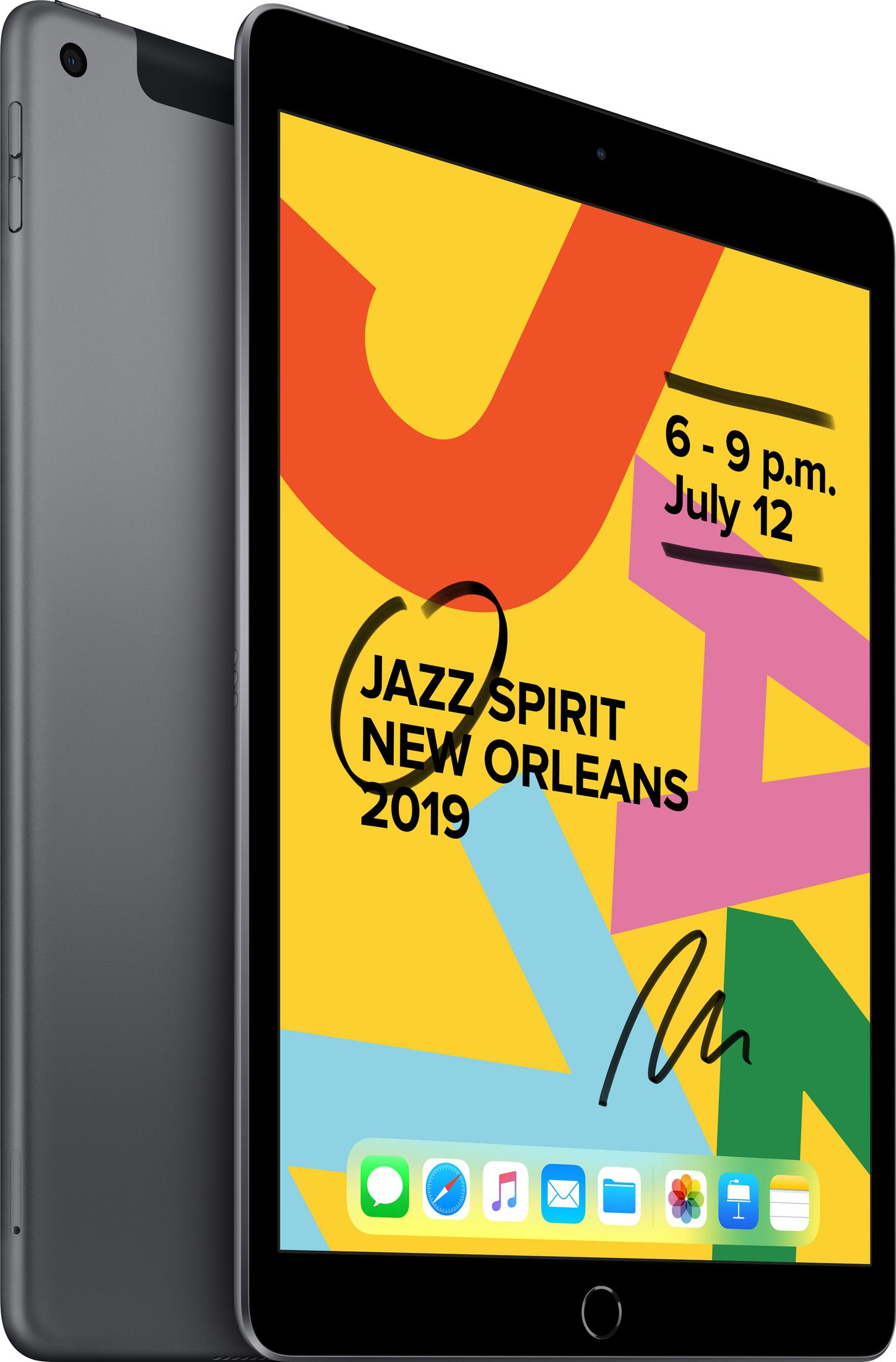 Un iPad muestra un fondo colorido anunciando un evento de jazz.