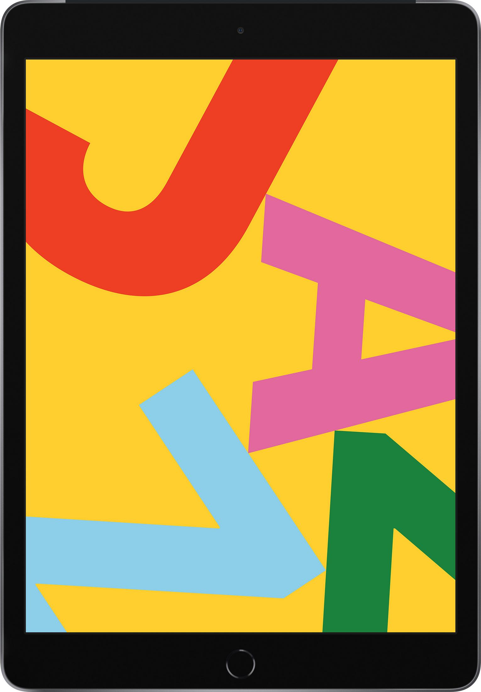 Una tableta con un fondo abstracto y colorido de formas geométricas.