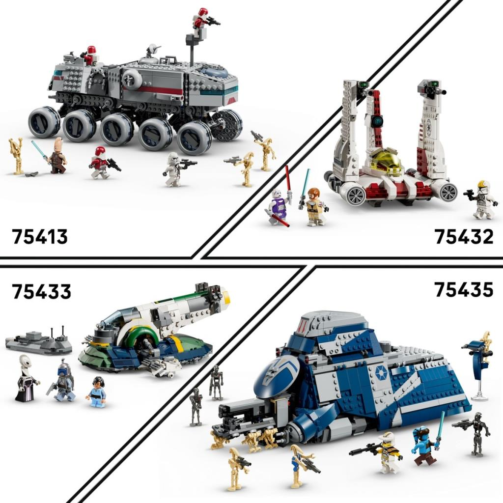 Beyaz arka plan üzerinde Star Wars figürleri ve araçları içeren dört Lego seti.