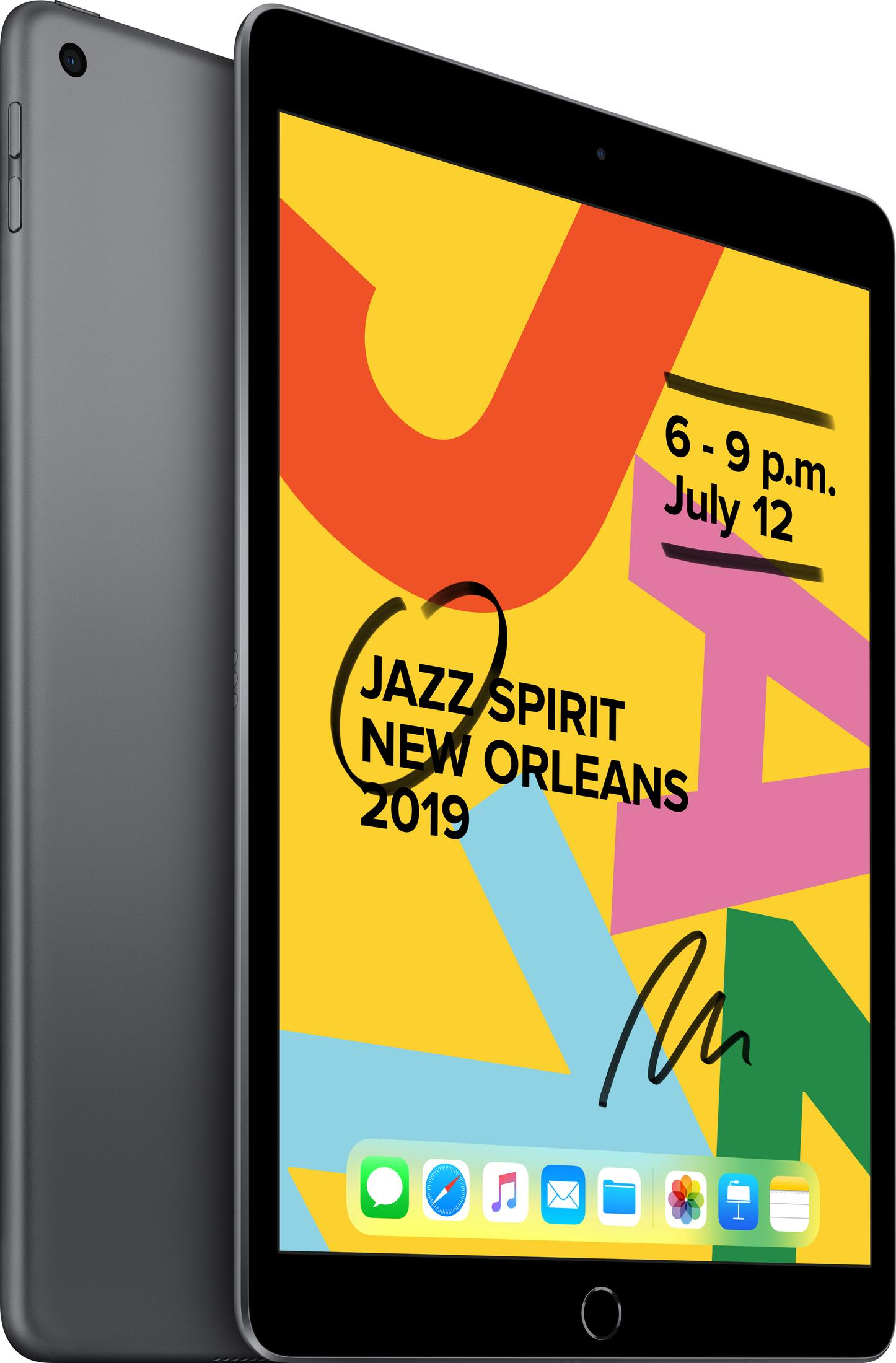 Ein graues iPad zeigt ein Veranstaltungsplakat für Jazz Spirit New Orleans am 12. Juli.