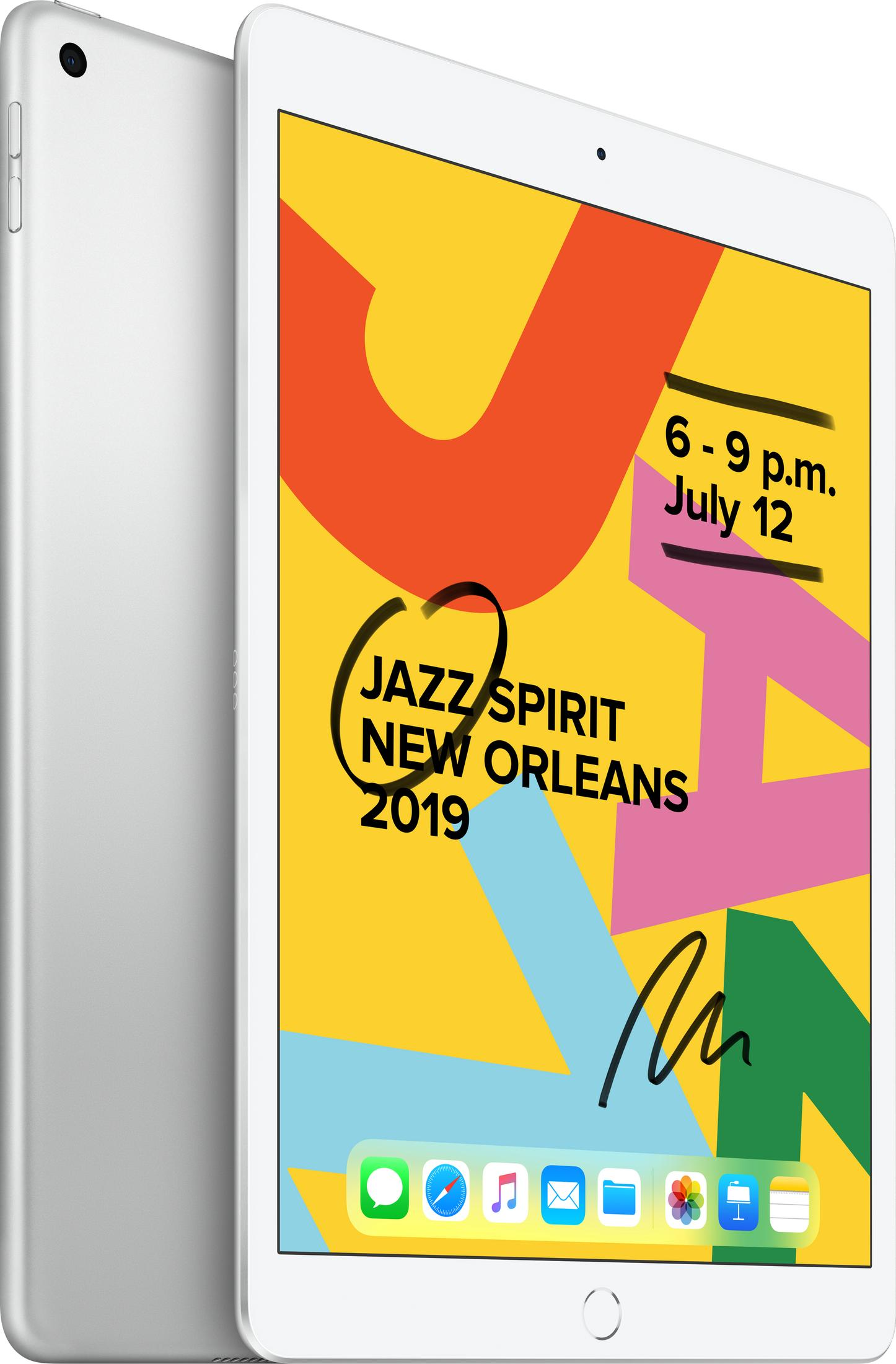 Un iPad plateado muestra gráficos coloridos y texto: Jazz Spirit New Orleans 2019.