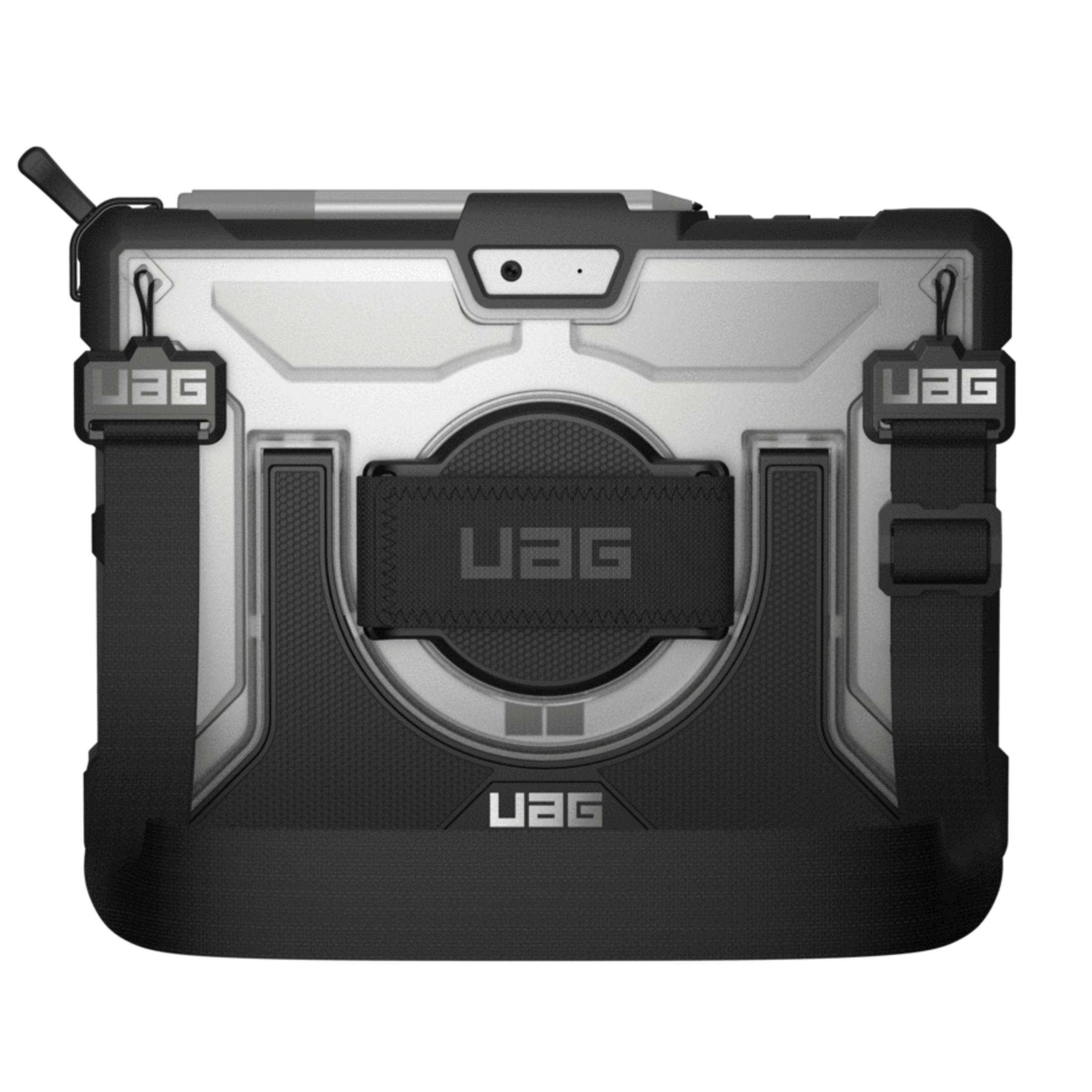 Rugged black and silver tablet case with logo and strap.