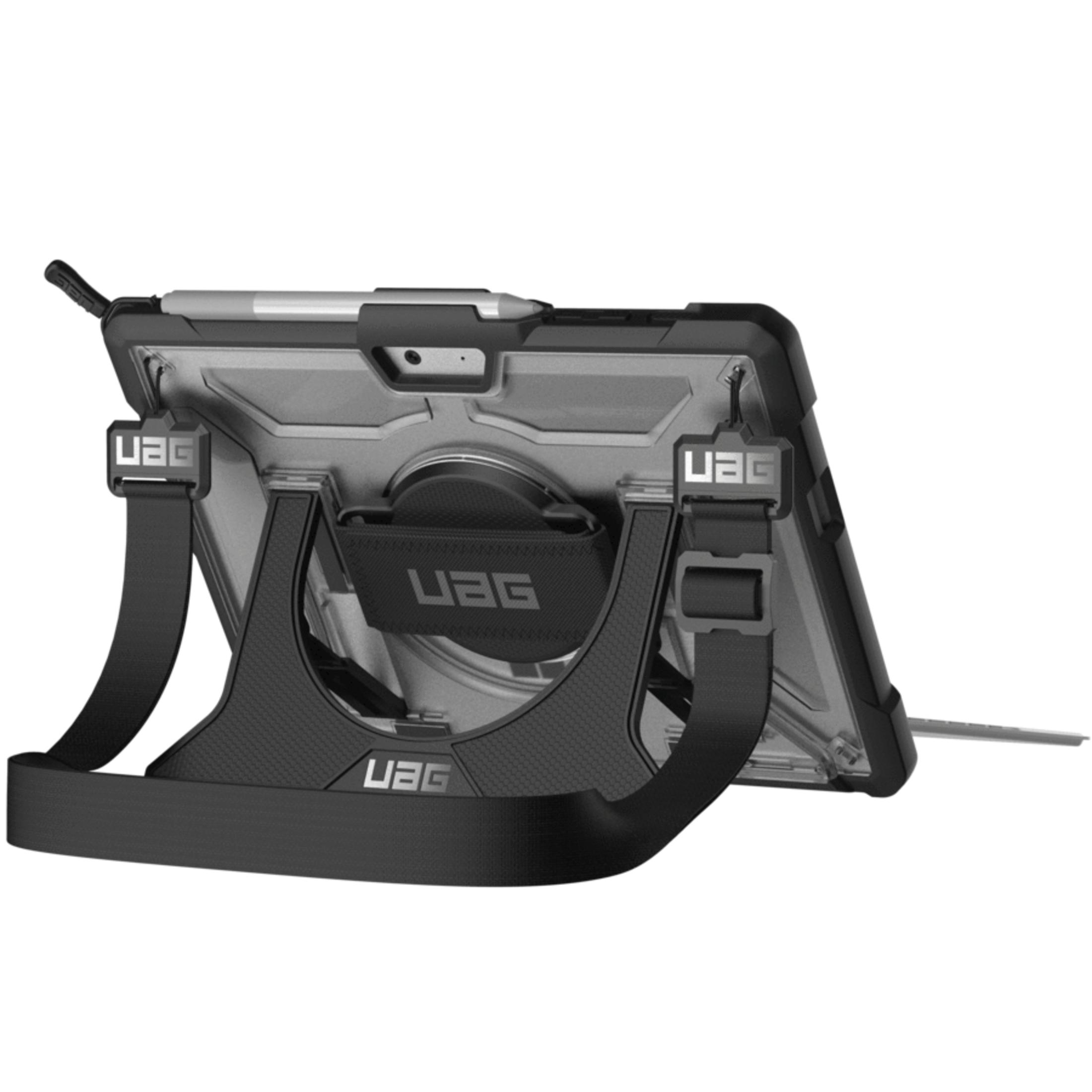 Rear view of a black tablet case with a stand and stylus holder.