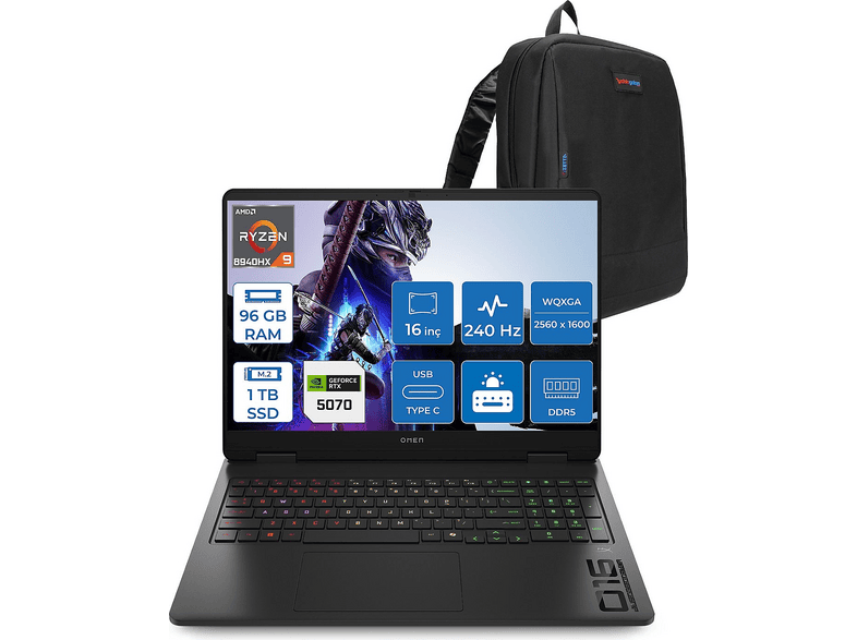 HP Omen 16-AP0014NT DDR5 RTX5070 8GB 240Hz 500nits C12CJEAF44 AMD Ryzen 9 8940HX 96 GB RAM 1 TB SSD 16 inç FreeDOS Laptop+Çanta Siyah