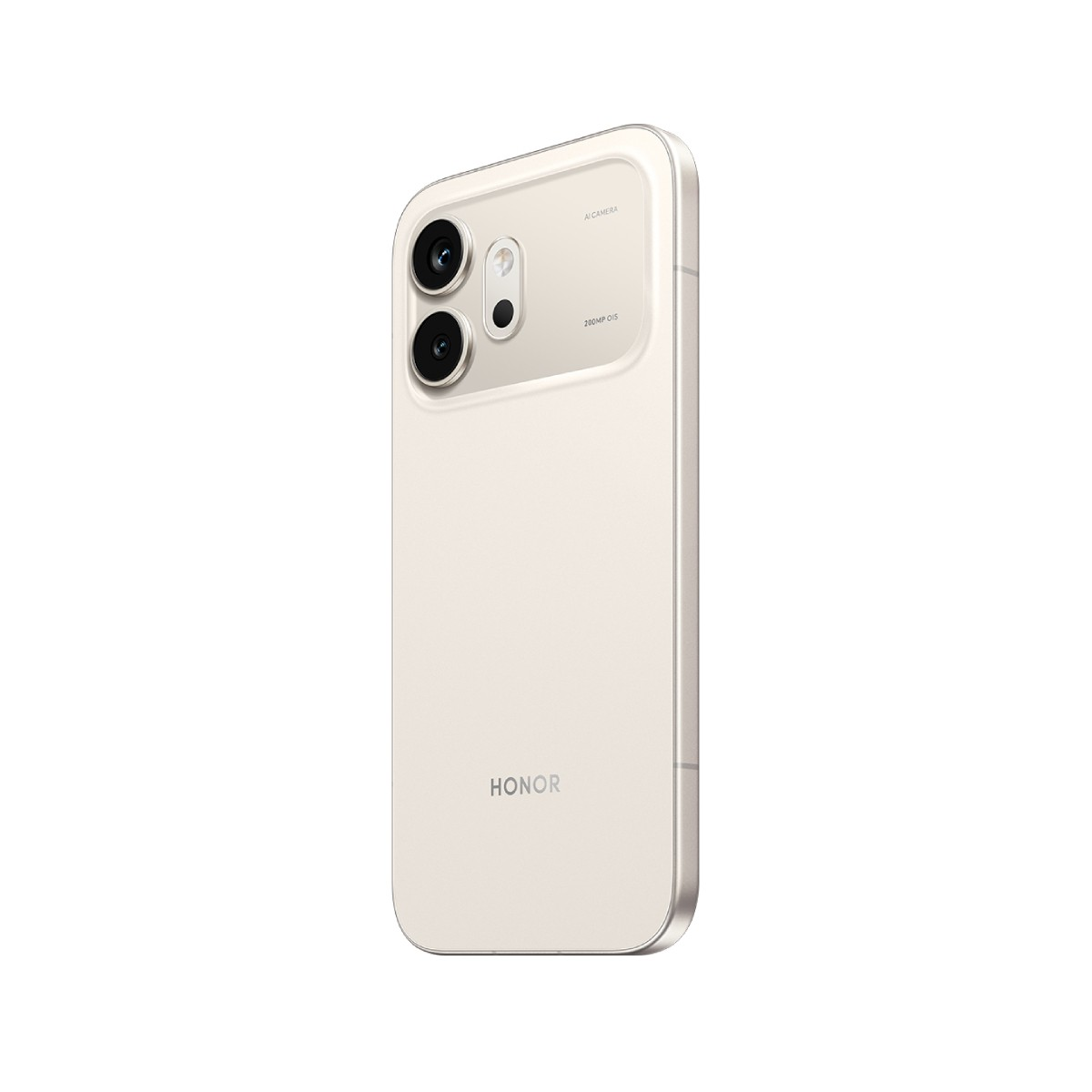 Uno smartphone beige chiaro con due fotocamere posteriori, isolato su sfondo bianco.