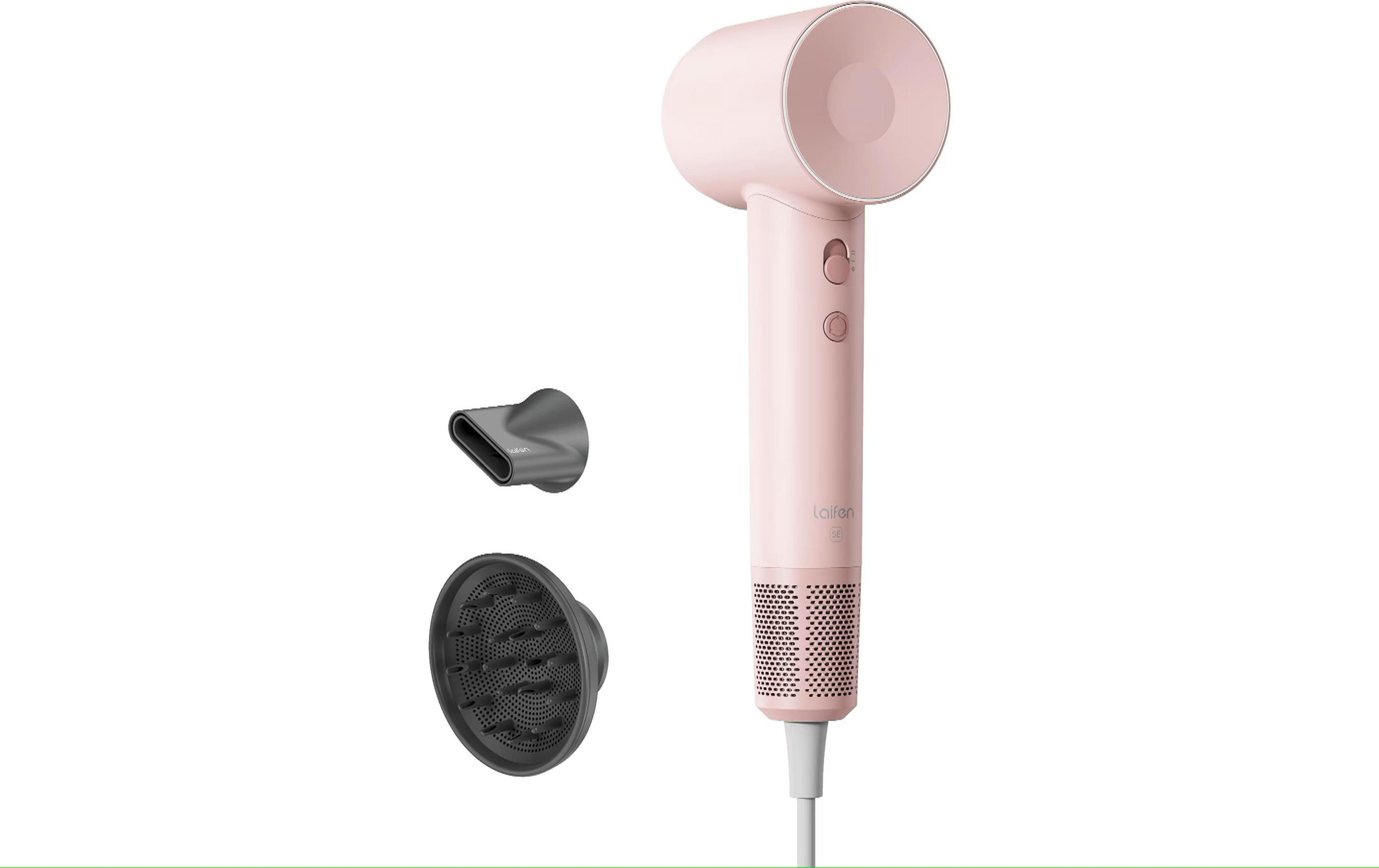 Un asciugacapelli rosa con due accessori: ugello e diffusore.