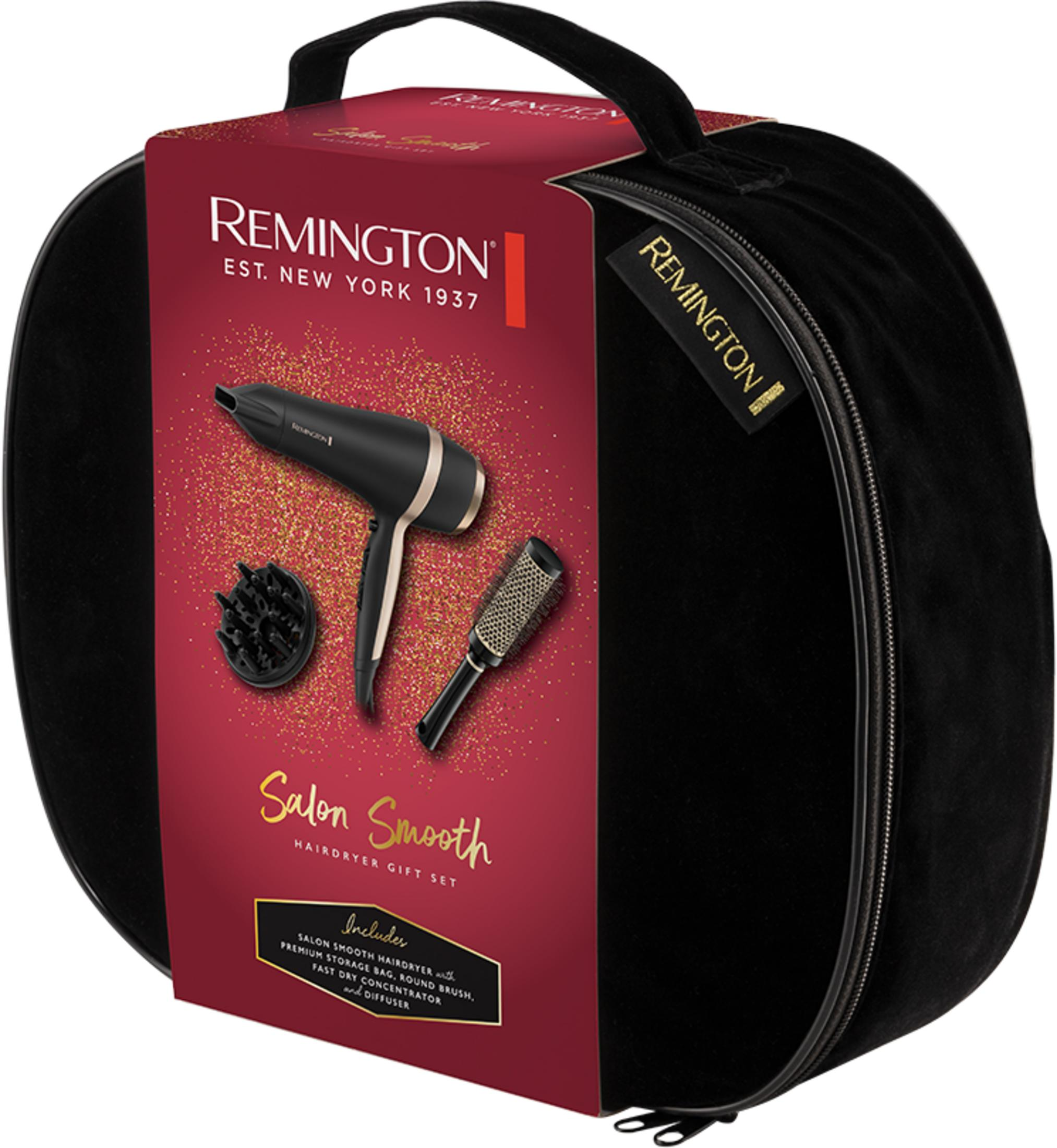 Remington Haartrockner-Geschenkset in schwarzer Hülle mit Goldakzenten. Inkl. Trockner, Diffusor, Bürste.