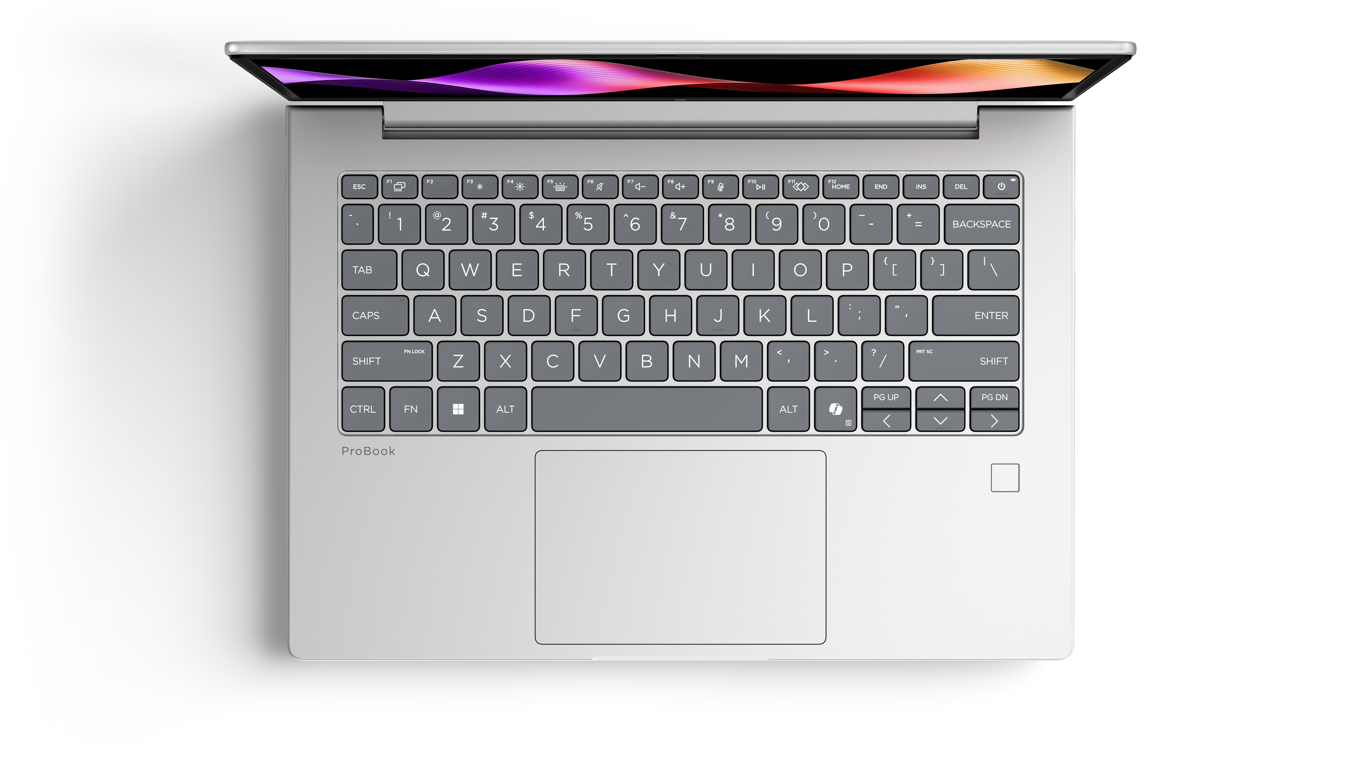 Un laptop argentato, visto dall'alto, con il coperchio aperto e schermo colorato.