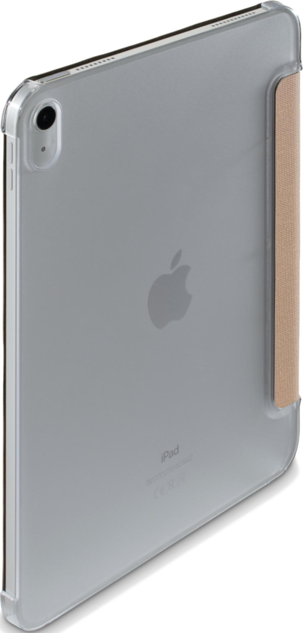 Ein silbernes iPad mit einem transparenten Gehäuse und einer braunen Schlaufe.