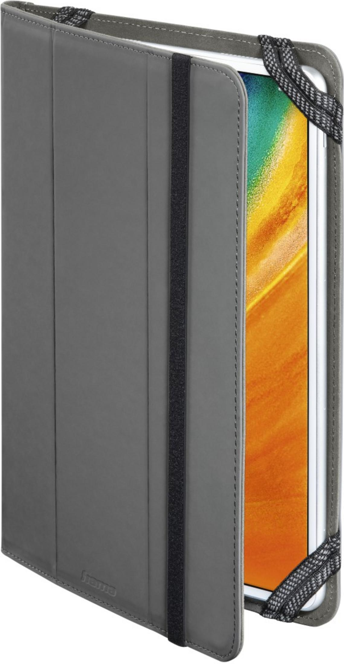 Graue Tablet-Hülle mit elastischen Bändern und einem sichtbaren Teil des Bildschirms.