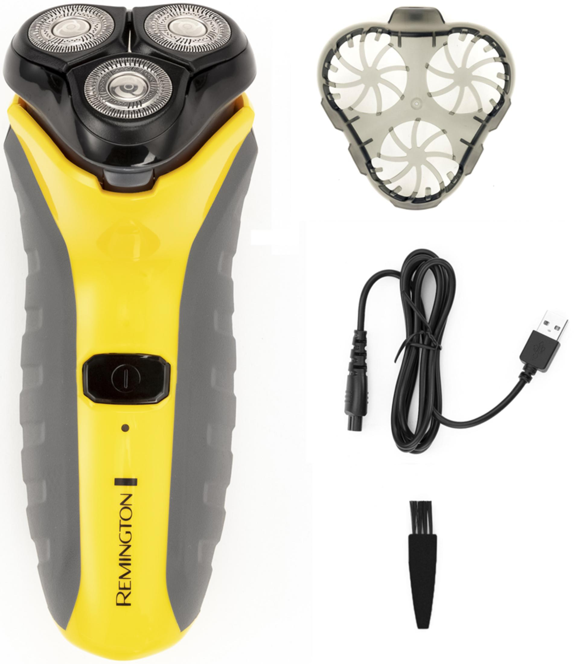 Un rasoio elettrico giallo e grigio con accessori: testina, cavo di ricarica e spazzolino.