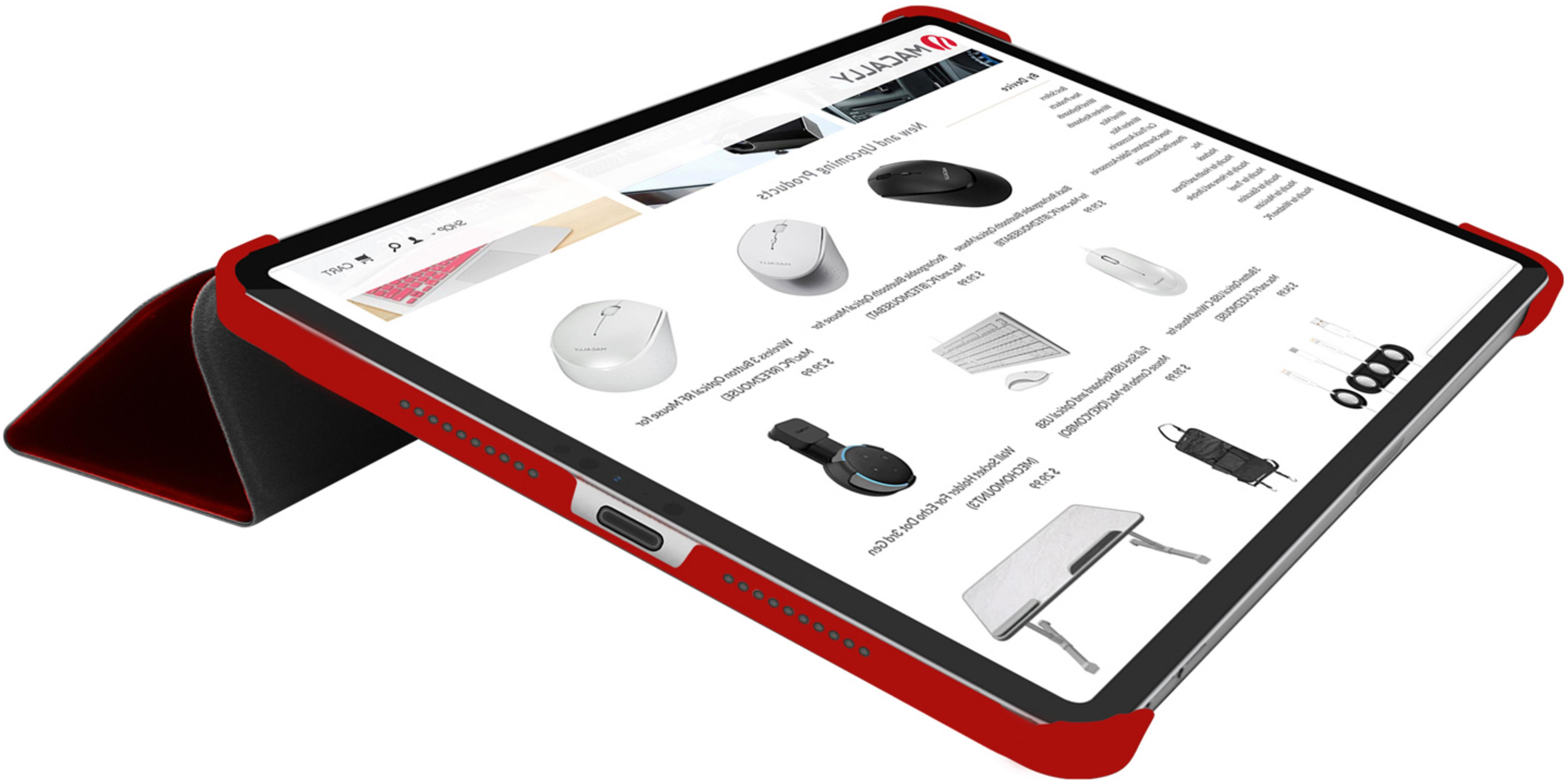 Ein Tablet in roter Hülle zeigt eine Website mit Computerzubehör.