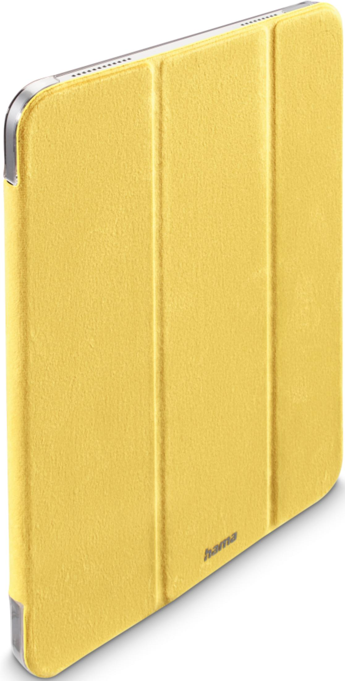 Gelbe Tablet-Hülle mit drei Faltlinien und silbernem Rand.
