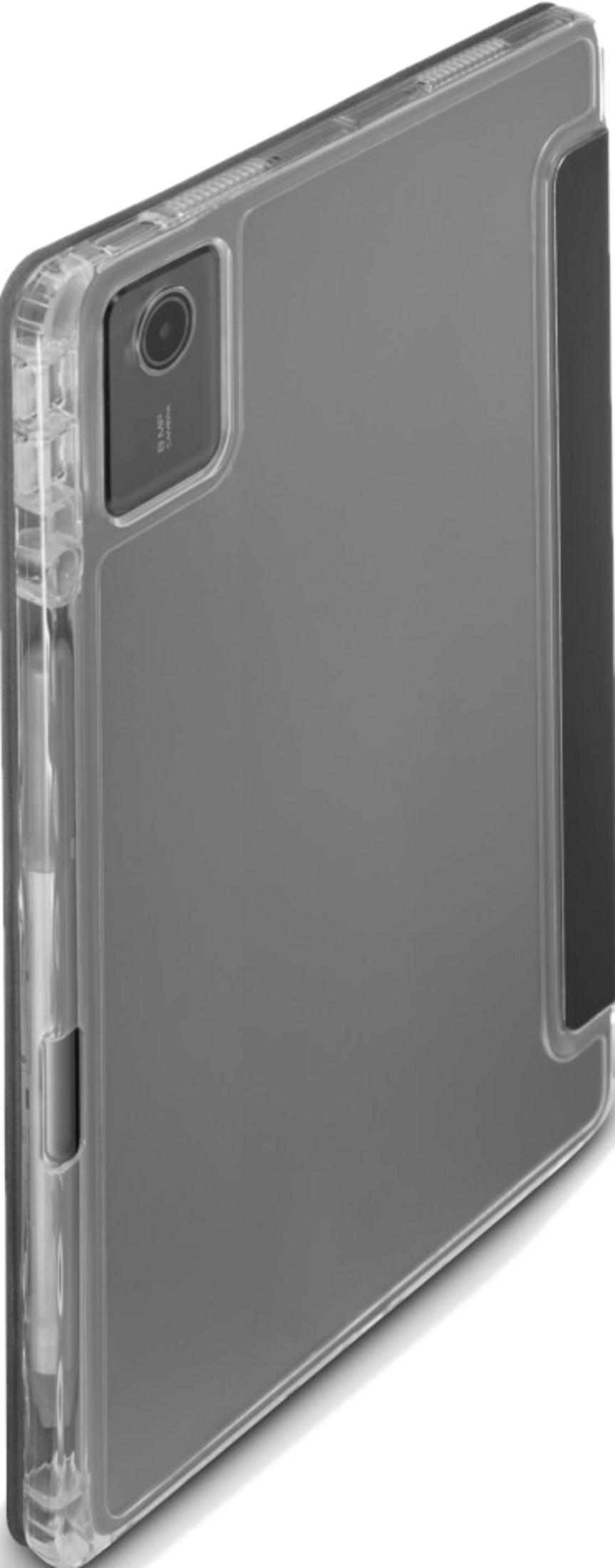Custodia trasparente per telefono con striscia magnetica nera e obiettivo fotocamera in alto a sinistra.