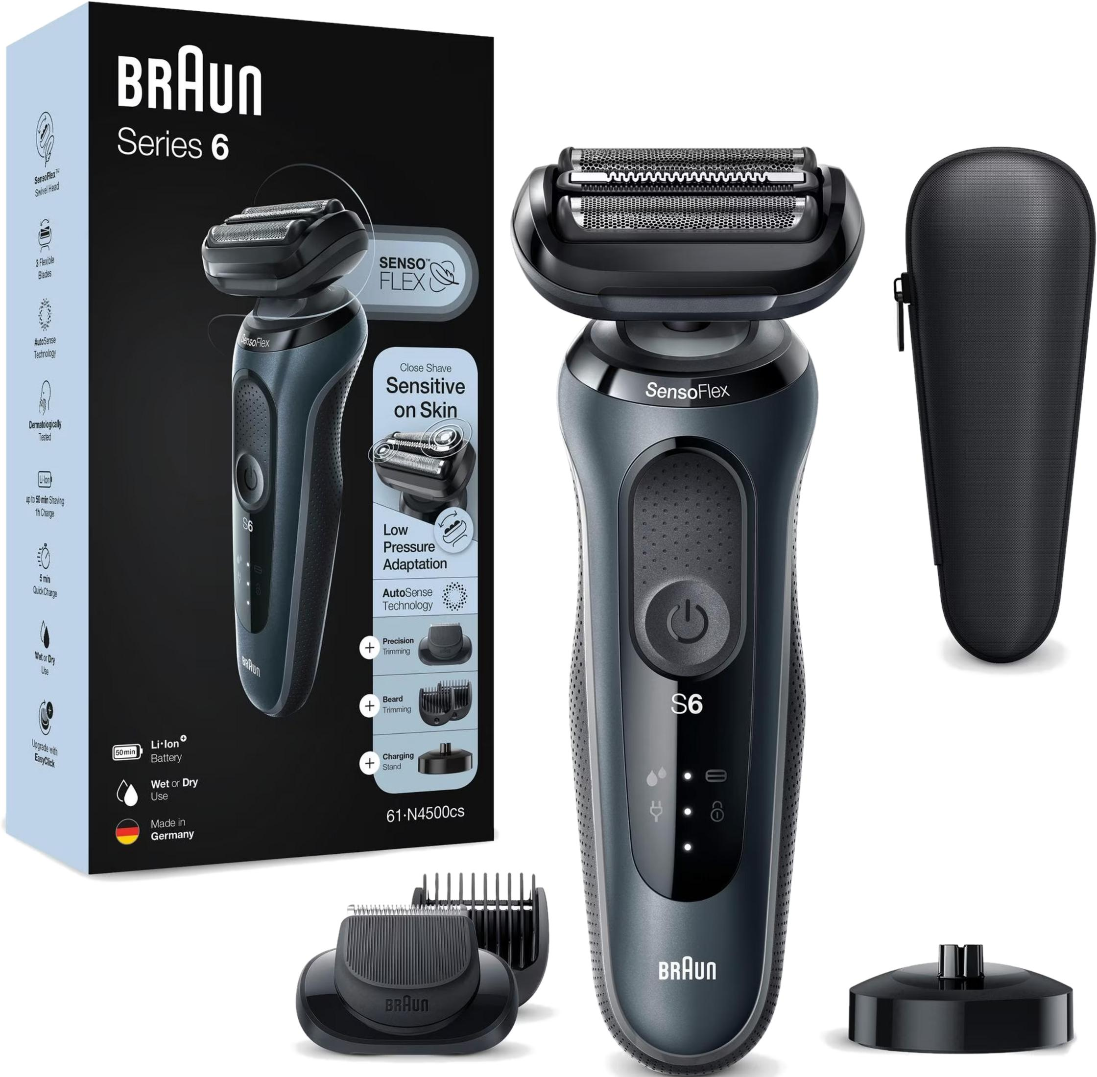 Ein dunkles Braun Series 6 Elektrorasierer-Set mit Zubehör und Verpackung auf weißem Hintergrund.