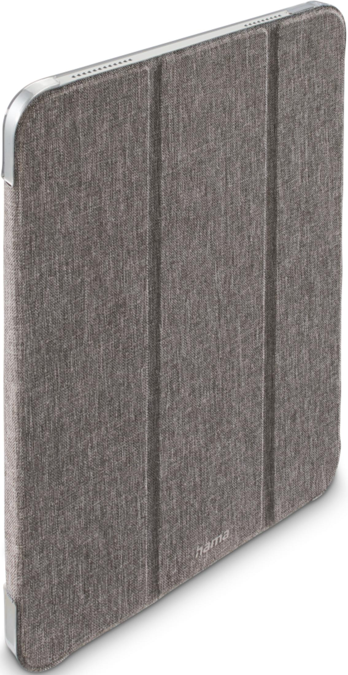 Graue Tablet-Hülle mit silbernen Kanten und Faltlinien.