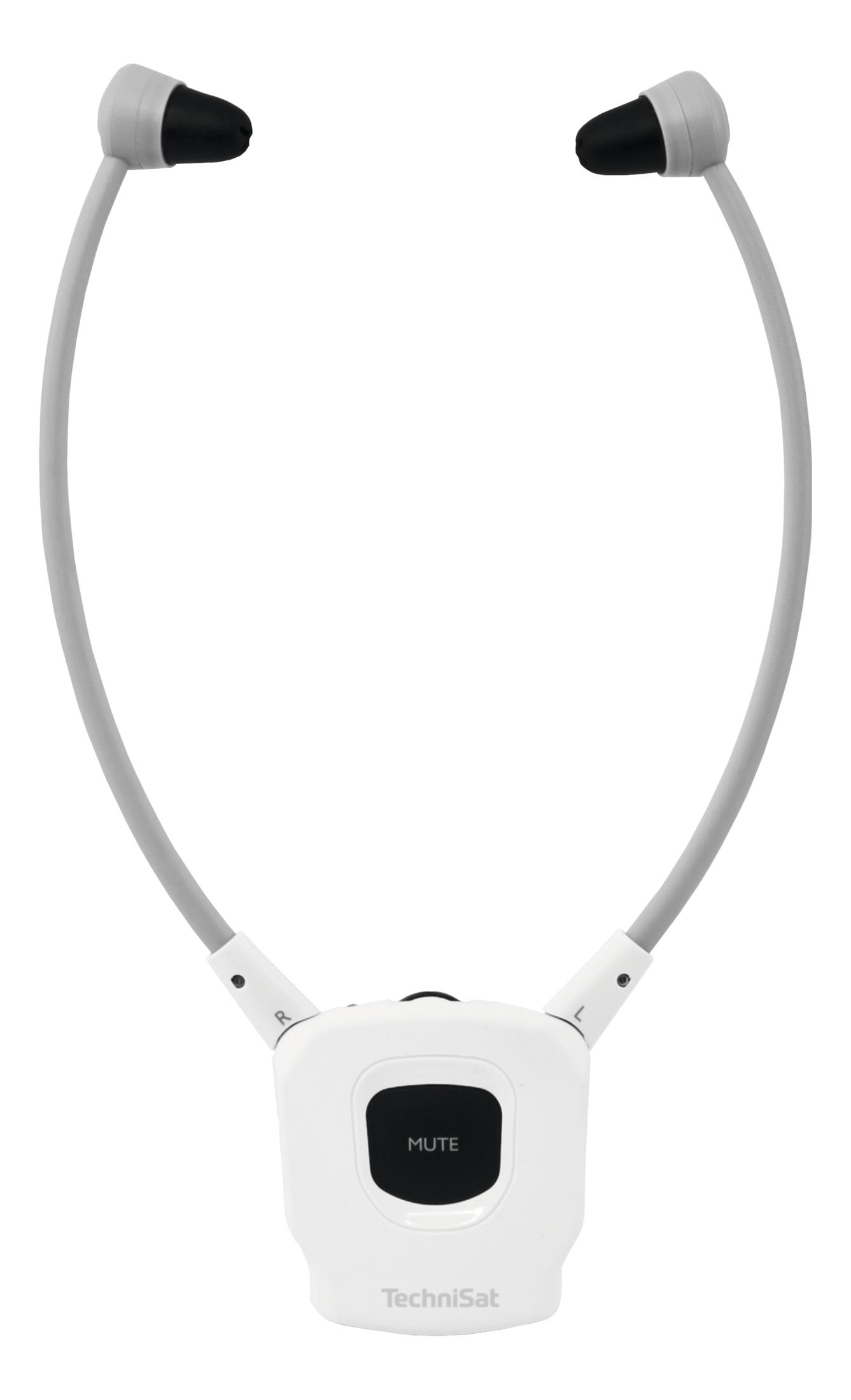 Auricolare a fascia bianca con auricolari neri e pulsante muto.