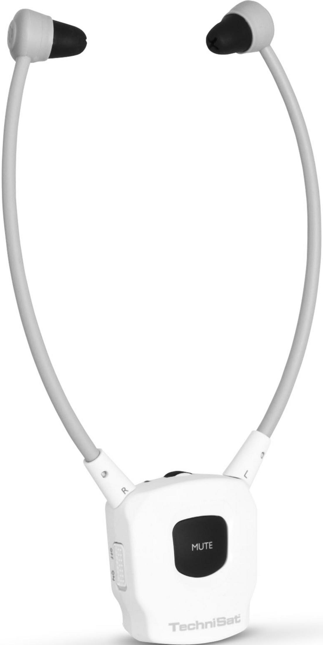 Un apparecchio acustico da collo bianco con auricolari neri e pulsante muto.