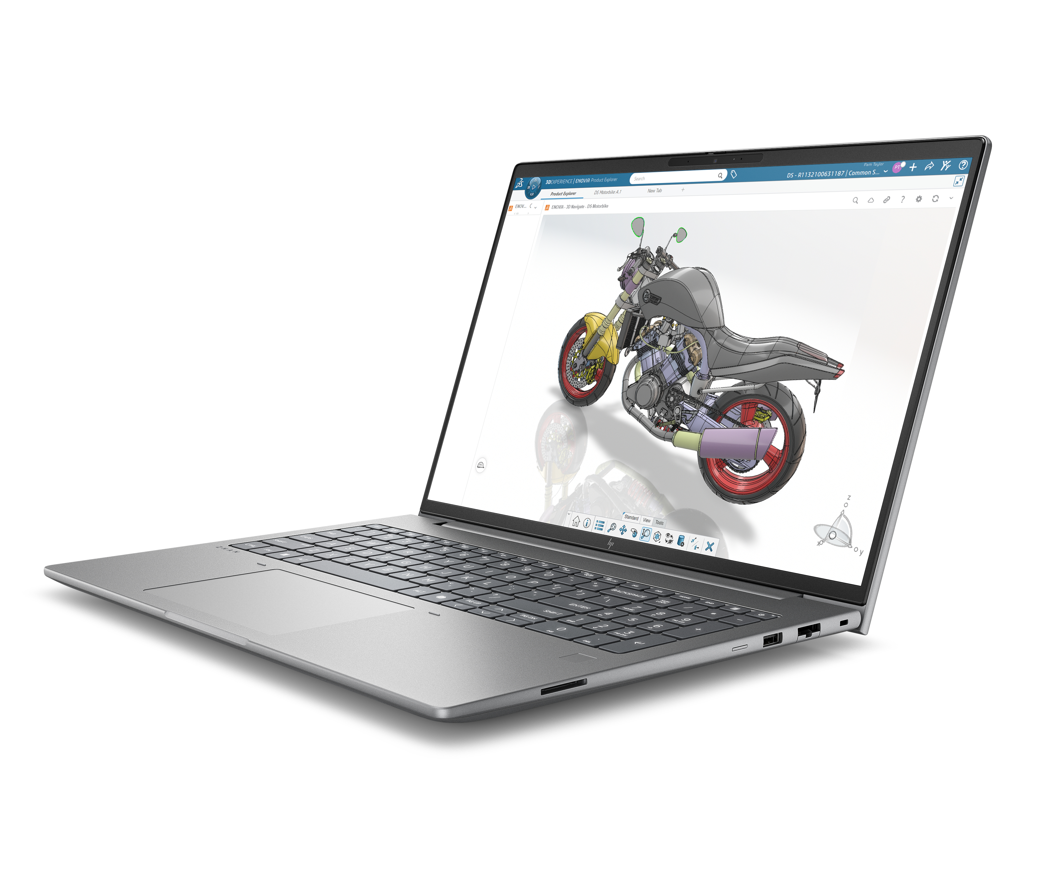Laptop argento che mostra un modello 3D di moto con ruote rosse.
