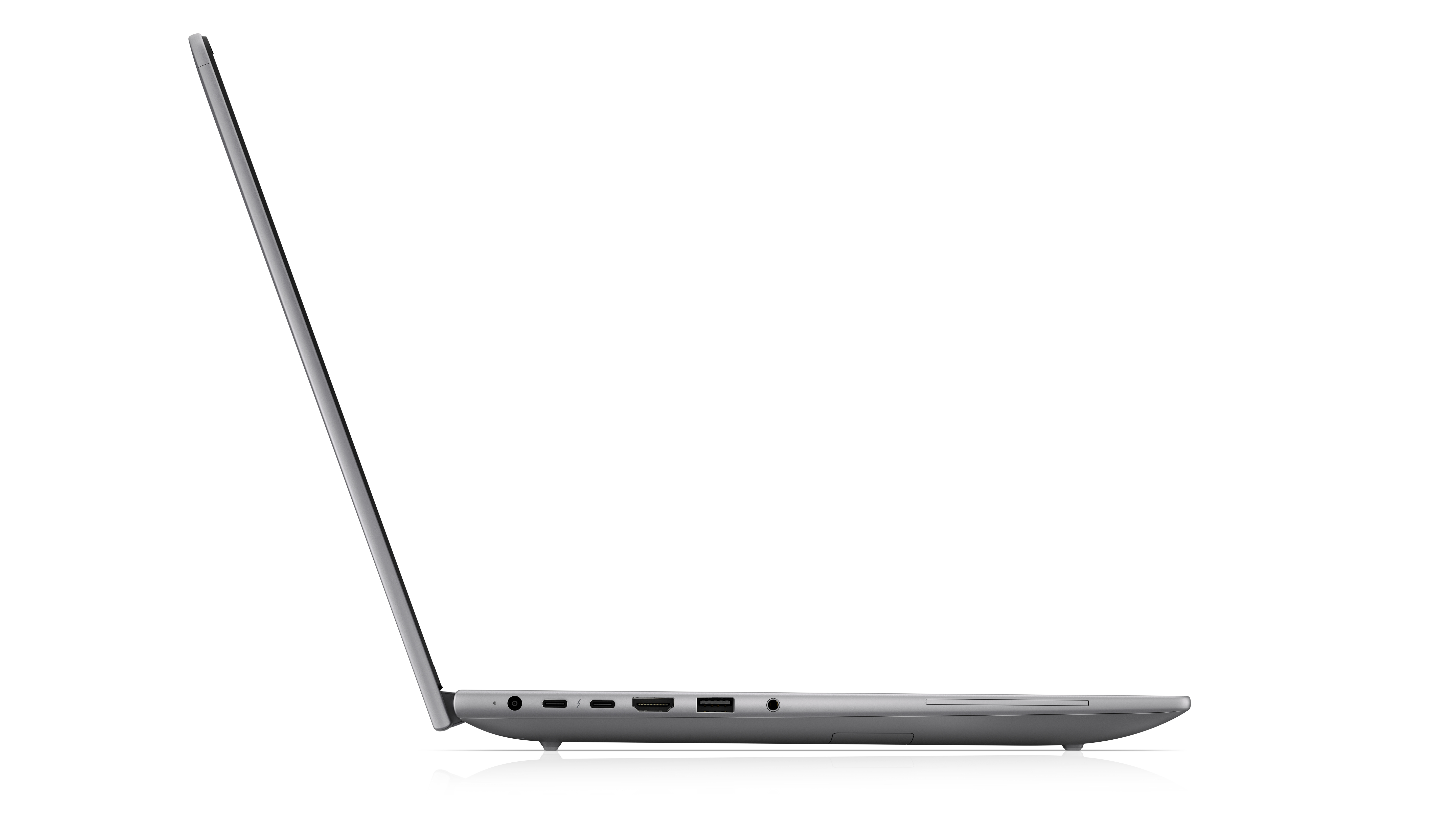 Vista laterale di un laptop grigio che mostra le porte: audio, 2x USB-C, HDMI, USB-A.