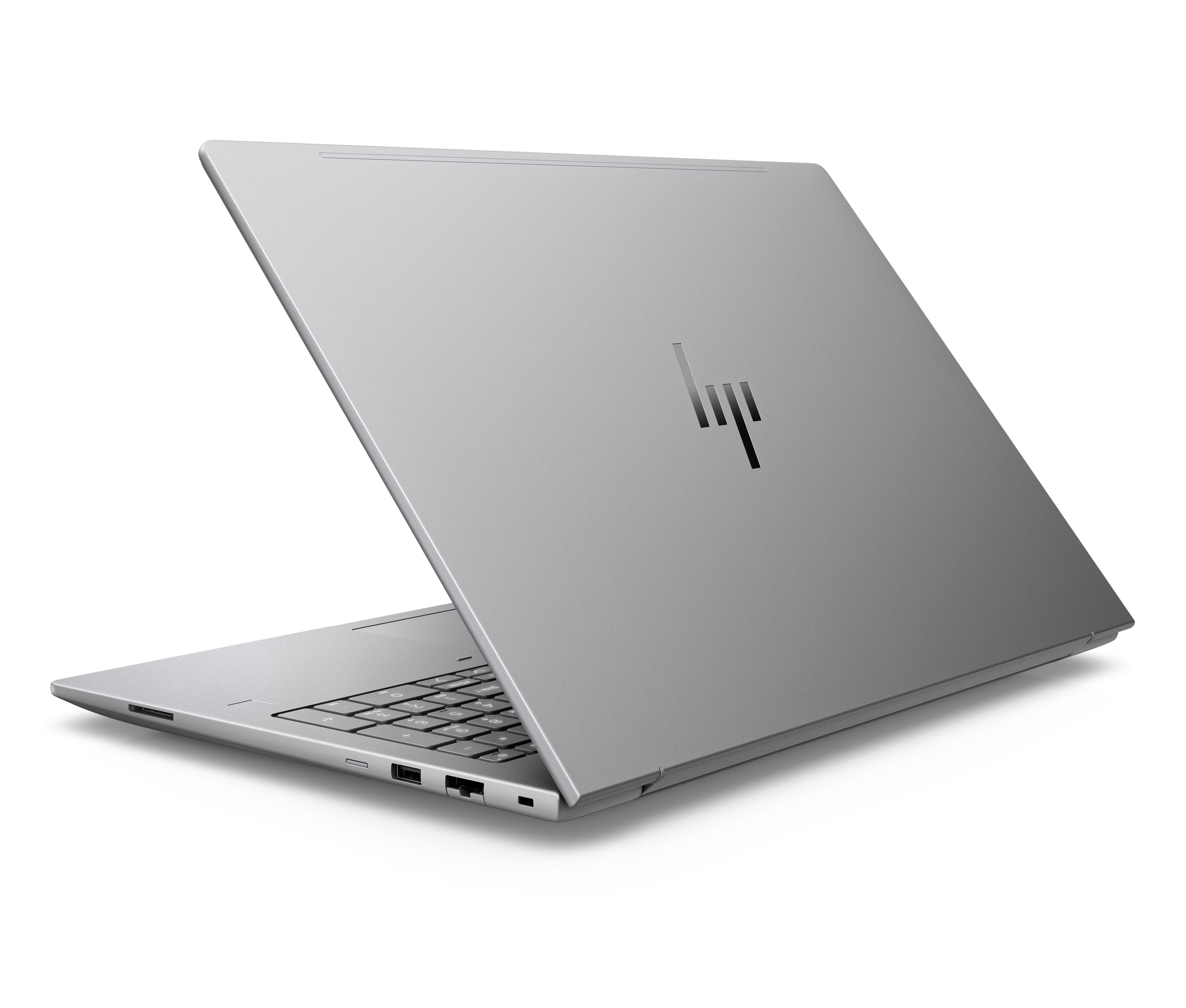 Un laptop argentato con il logo HP sul coperchio, su sfondo bianco.