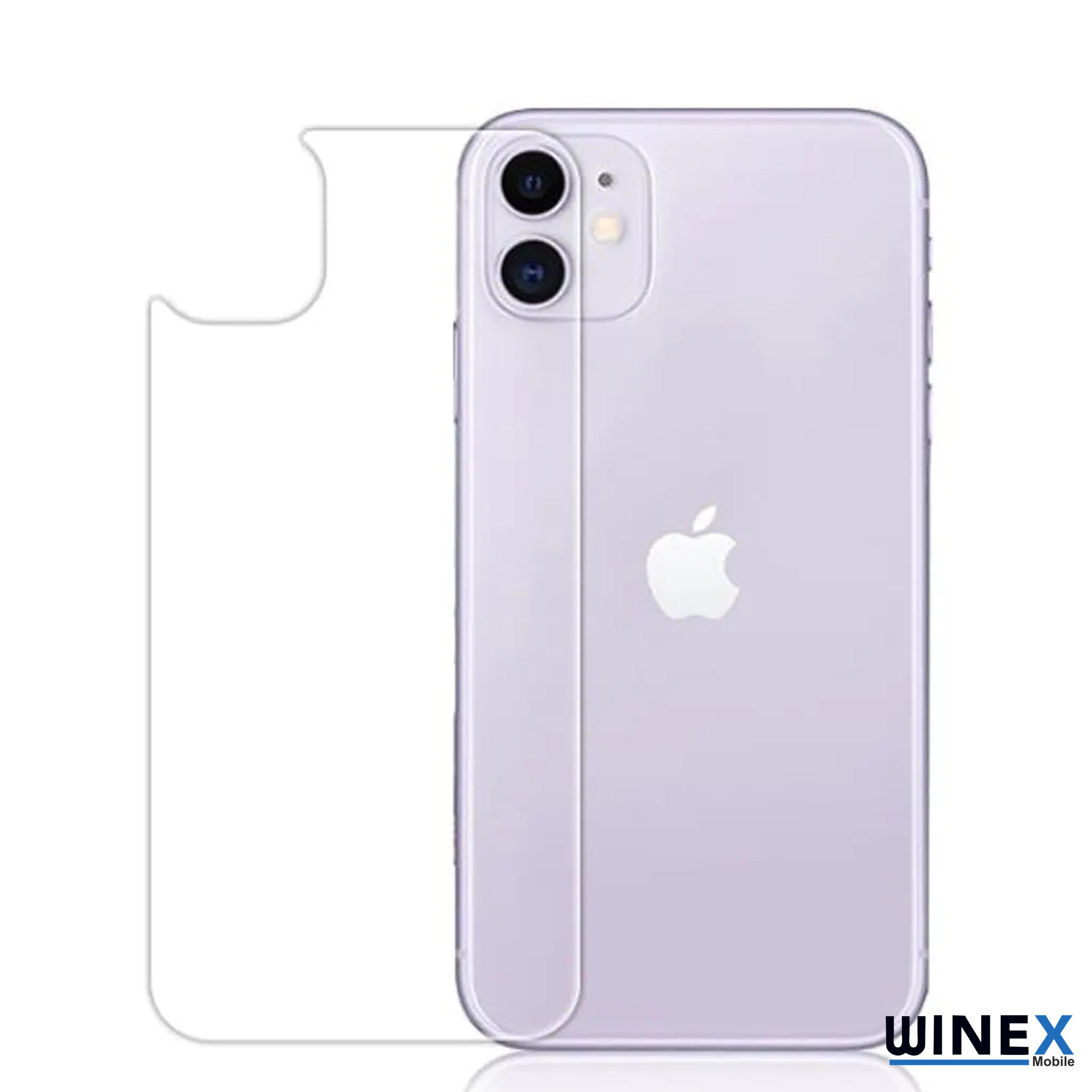 Mor iPhone, arkasında şeffaf ekran koruyucu. Çift kamera.