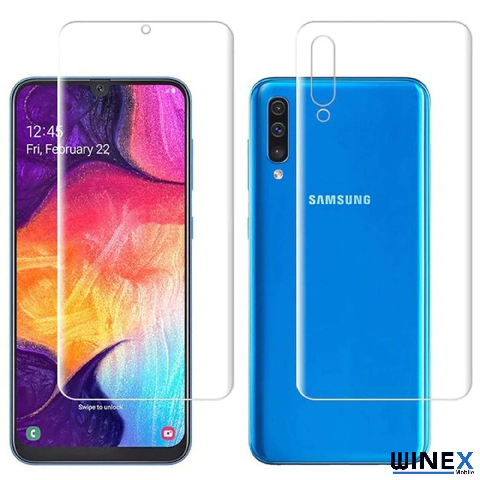 Ekran koruyuculu mavi Samsung telefon ekranı ve arkası.