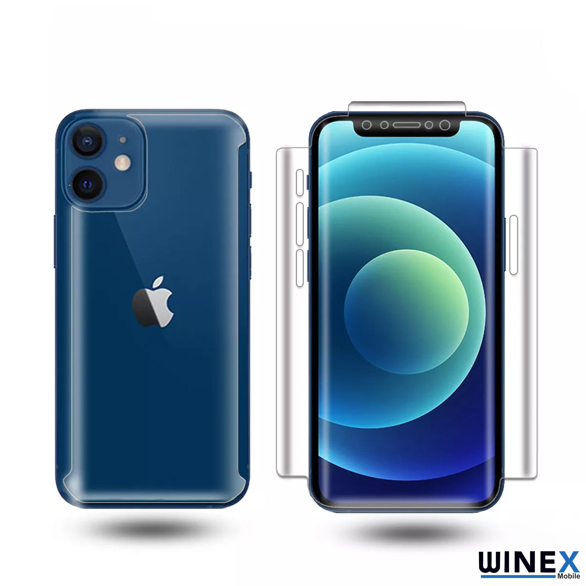 Arkada çift kamera ve ekranı olan mavi iPhone.