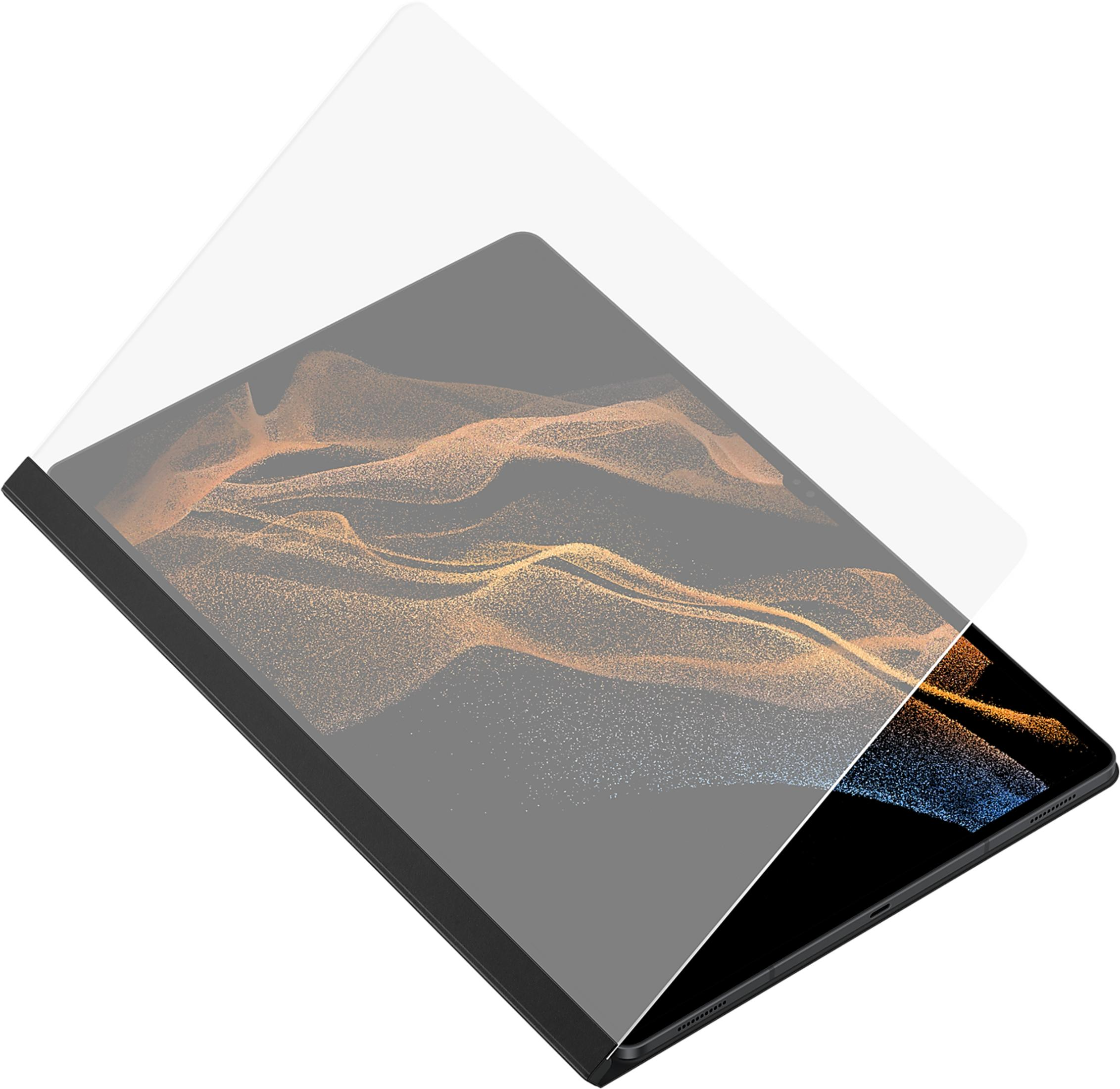 Un tablet nero con una protezione per lo schermo che si curva sopra.