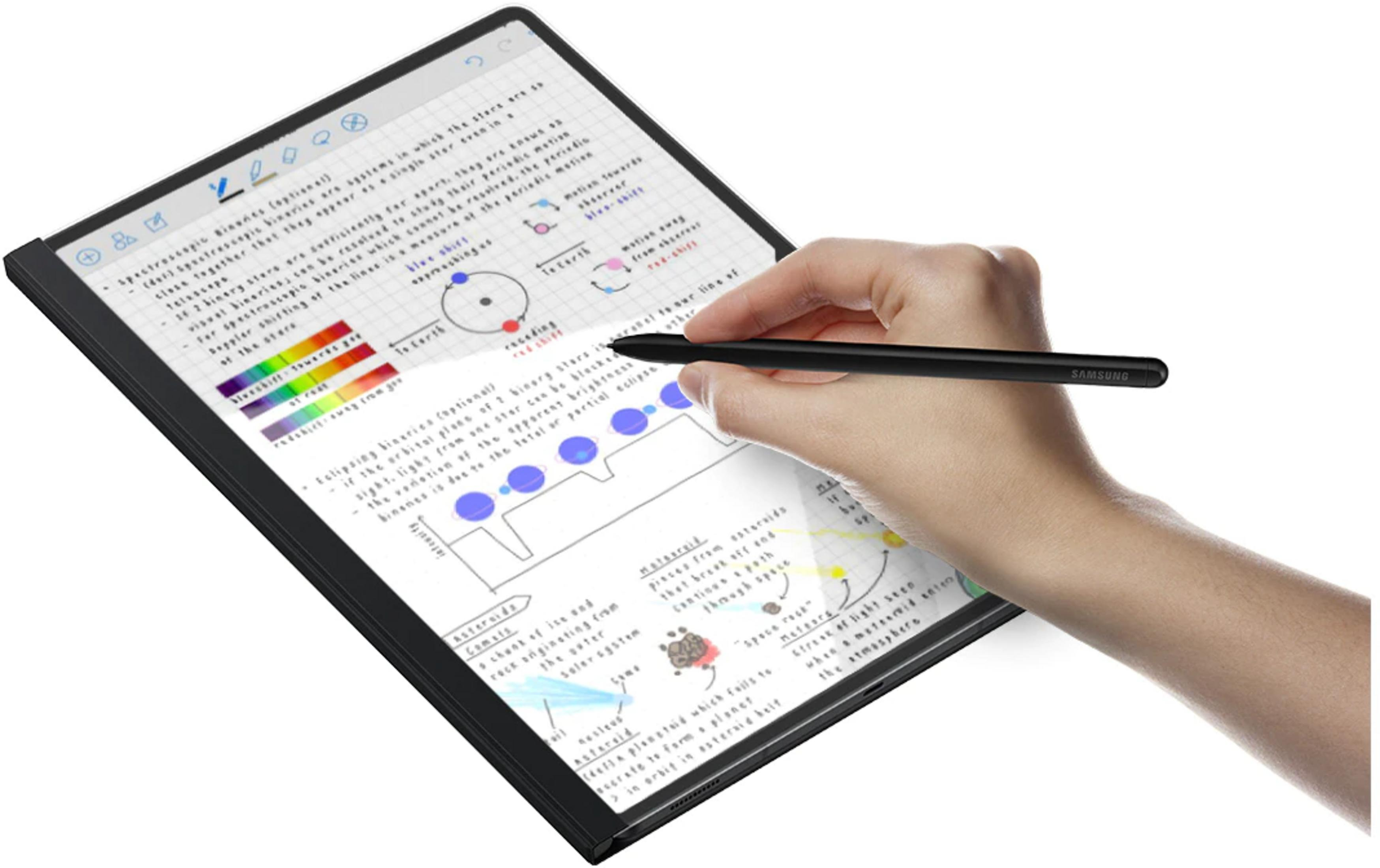 Una mano tiene uno stilo, scrivendo su un blocco note digitale con appunti di astronomia.