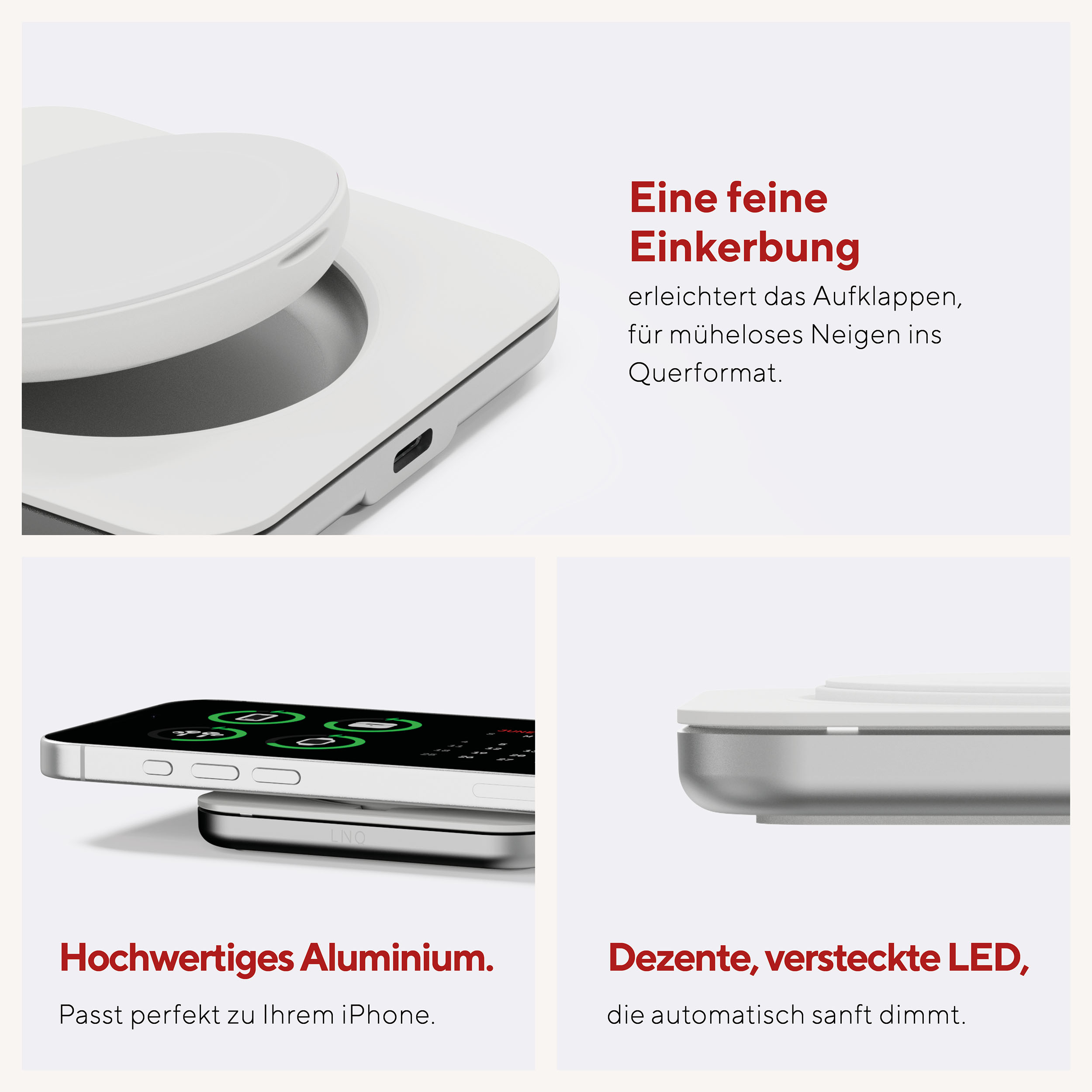 Un accessorio bianco per iPhone con telaio in alluminio e porta USB-C.