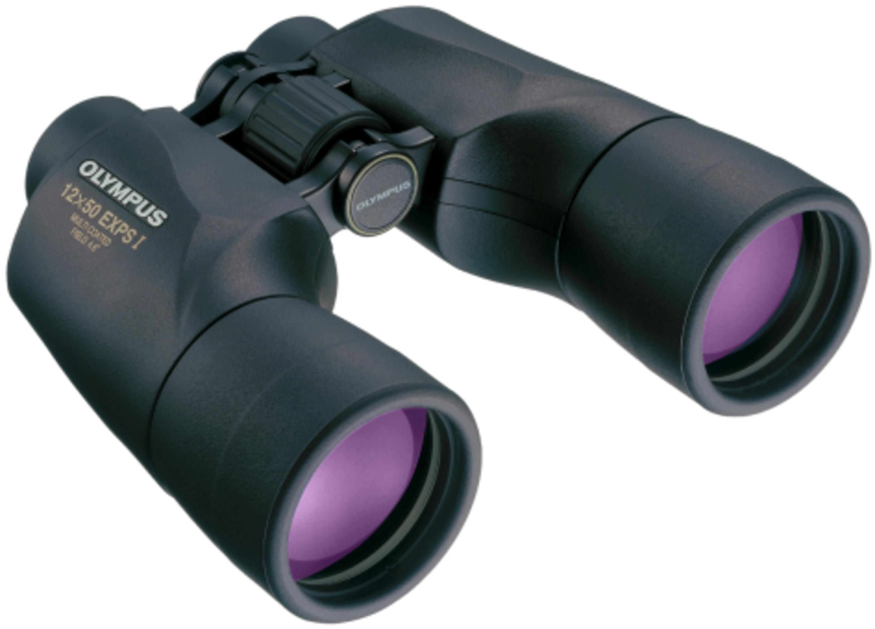 Schwarze Olympus 12x50 Fernglas mit lila Linsen auf weißem Hintergrund.